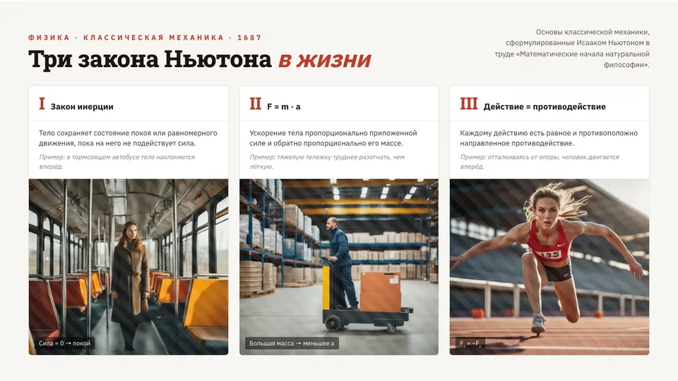 Пример слайда «Три закона Ньютона в жизни»