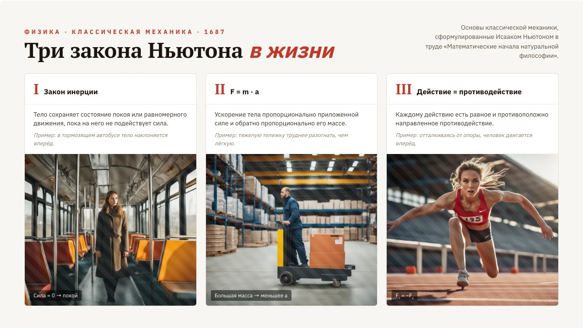 Пример слайда «Три закона Ньютона в жизни»