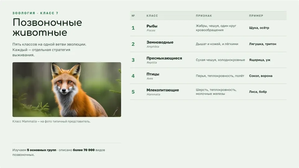 Пример слайда «Позвоночные животные»