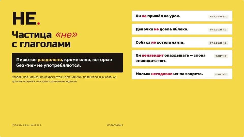 Пример слайда «Не с глаголами»