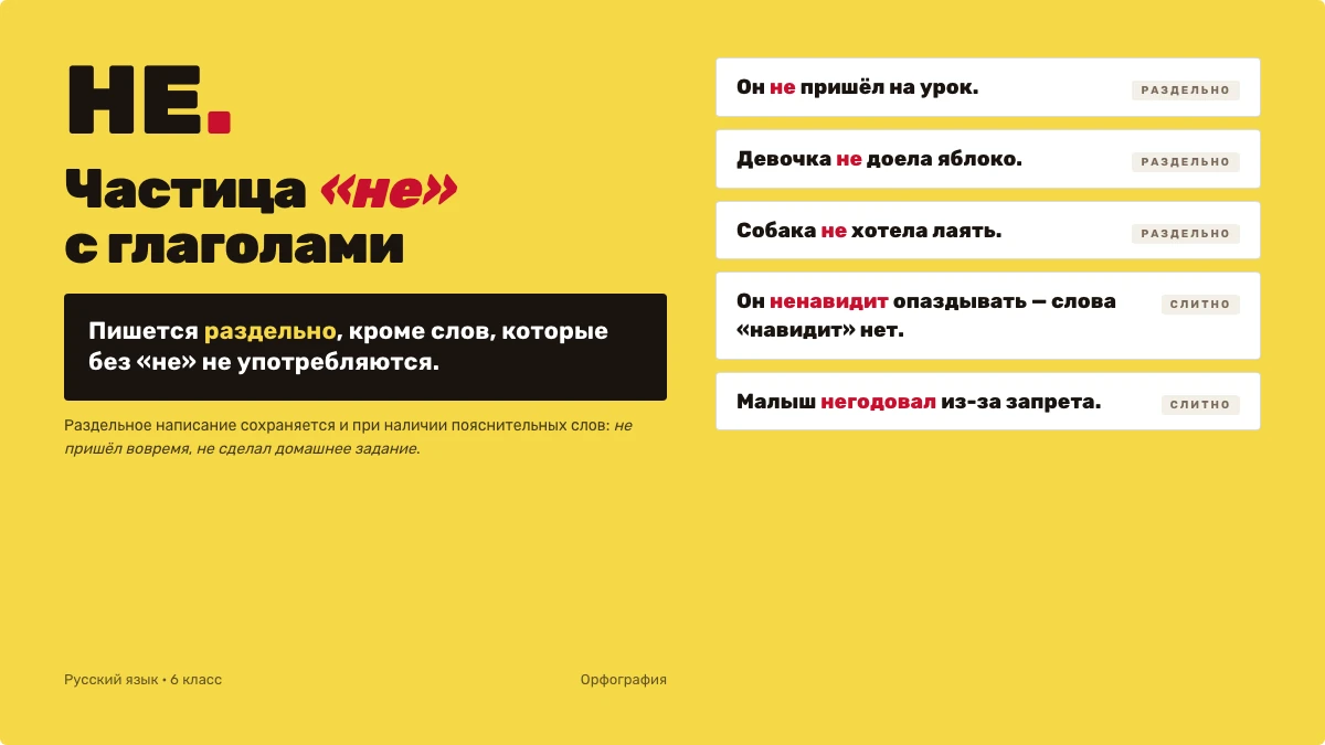 Пример слайда «Не с глаголами»