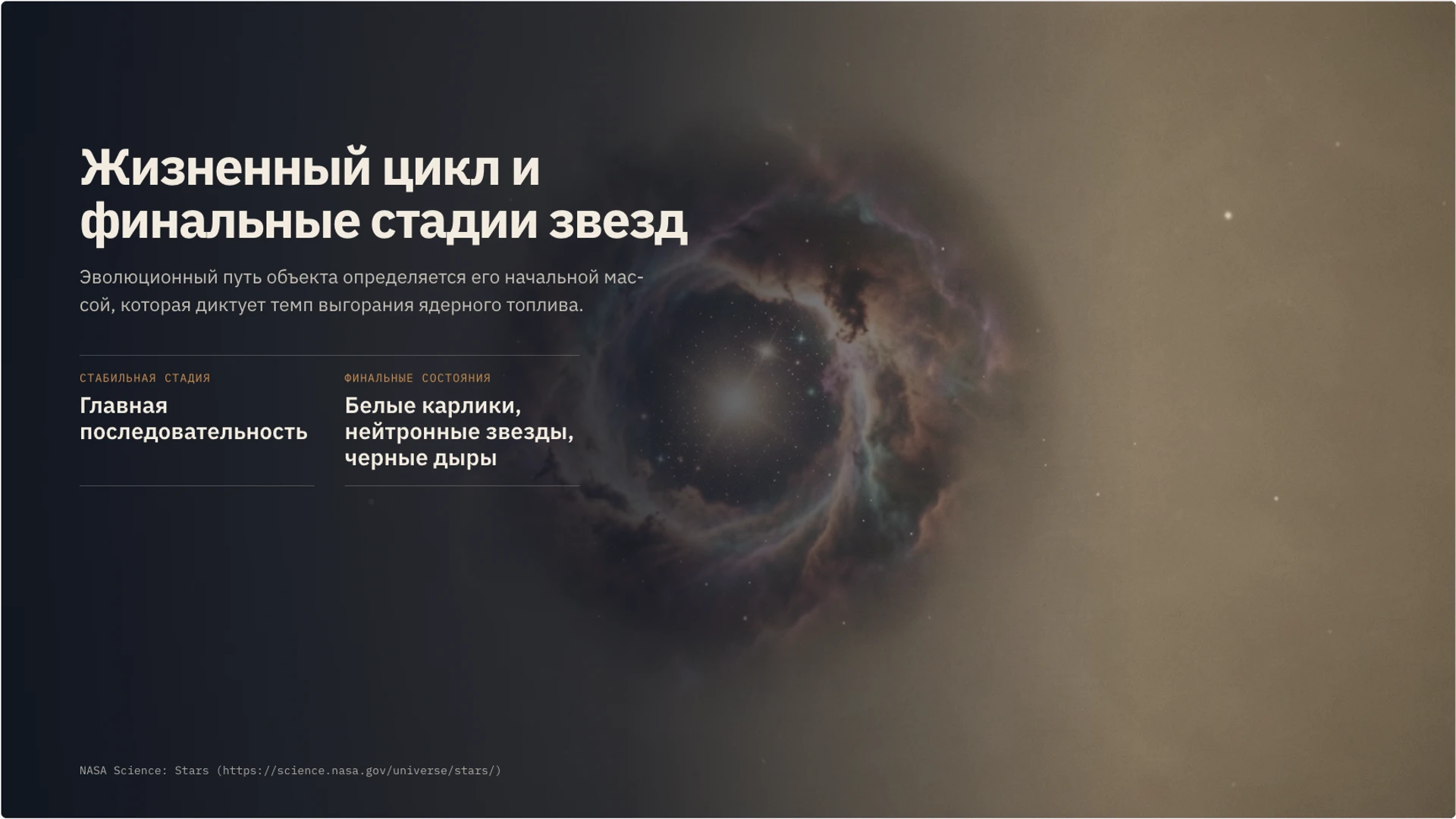 Слайд 8 «Жизненный цикл и финальные стадии звезд» из презентации «Звёзды: свойства, классы и жизненный цикл».