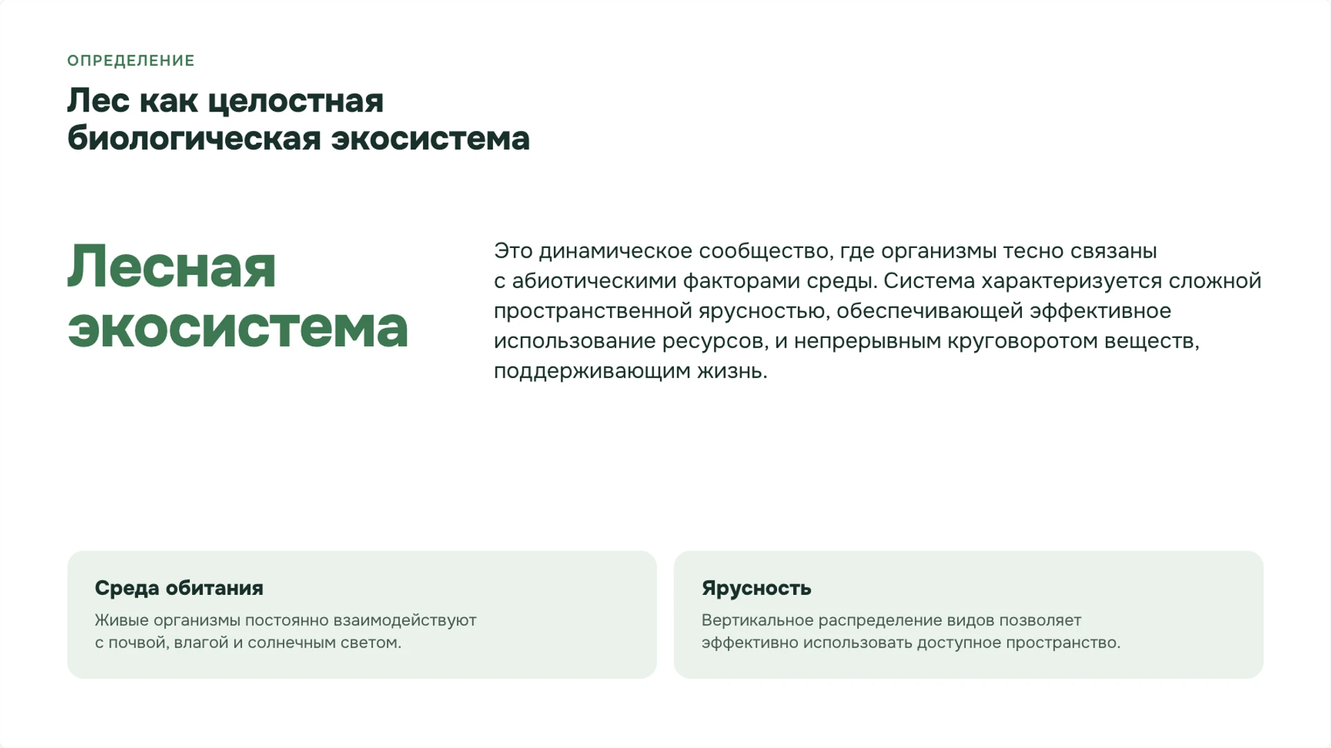 Слайд 2 «Лес как целостная биологическая экосистема» из презентации «Леса: ярусы, связи организмов и охрана».