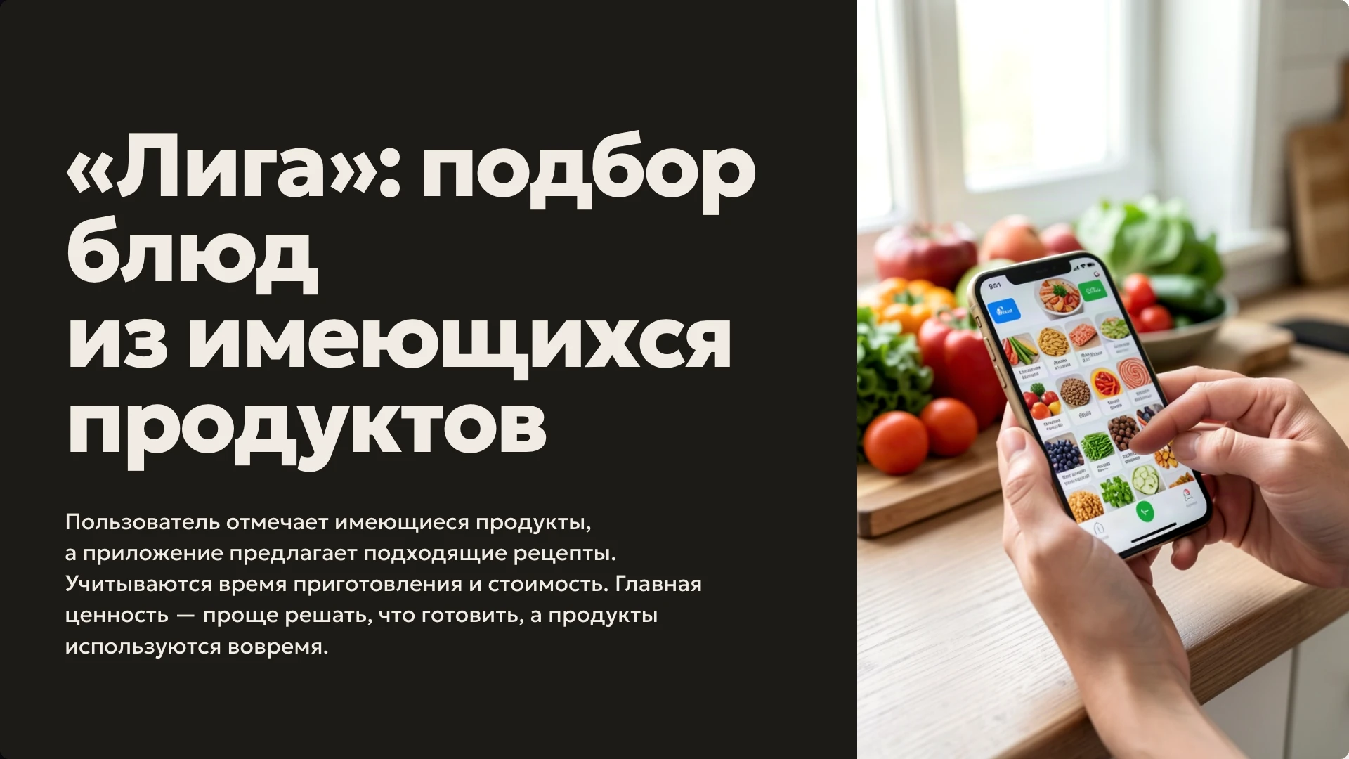 Слайд 4 ««Лига»: подбор блюд из имеющихся продуктов» из презентации «Проект приложения «Лига»».