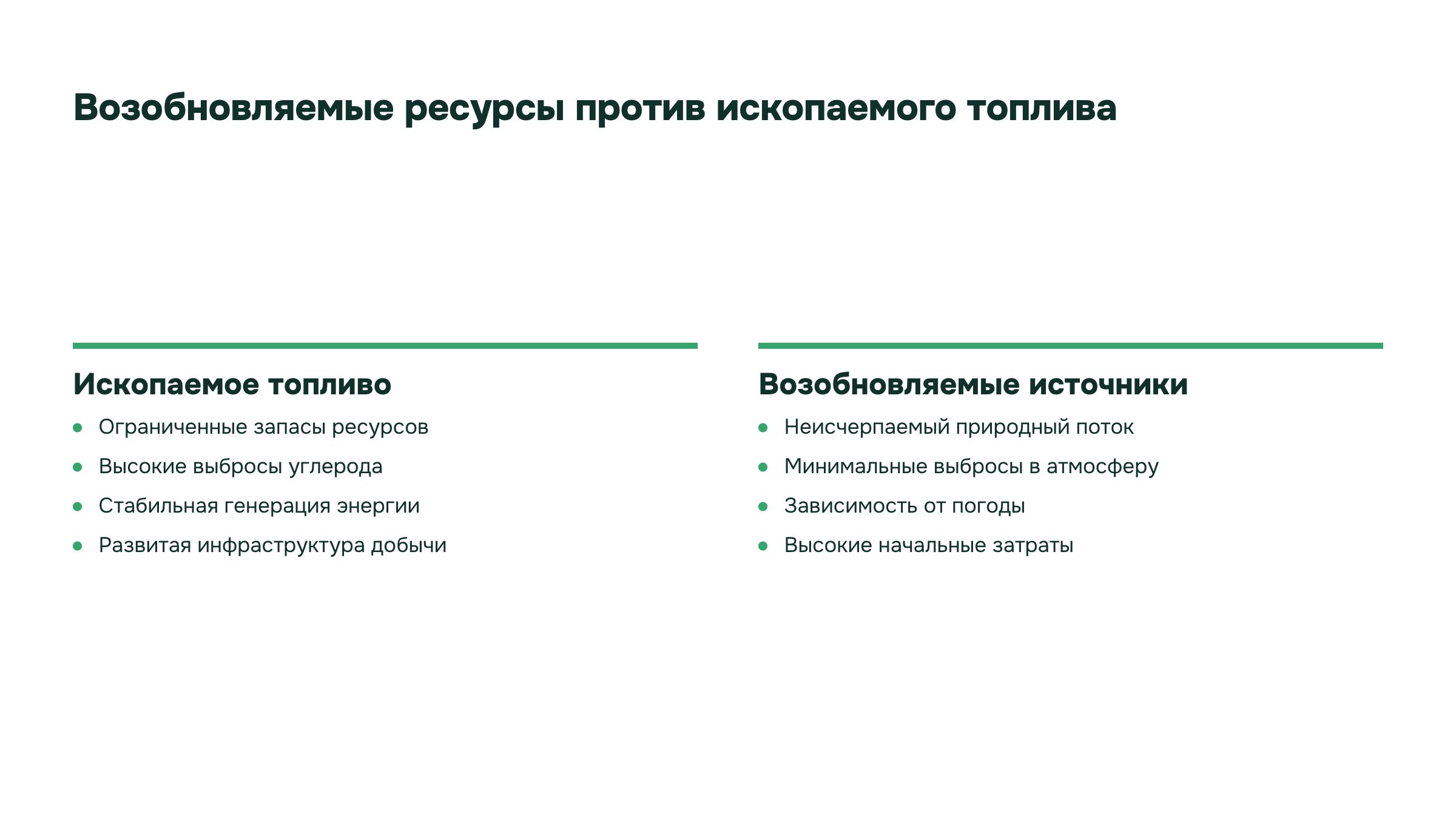 Слайд 3. Возобновляемые ресурсы против ископаемого топлива. Сравниваются запасы топлива, выбросы при работе, зависимость от погоды и первоначальные вложения.
