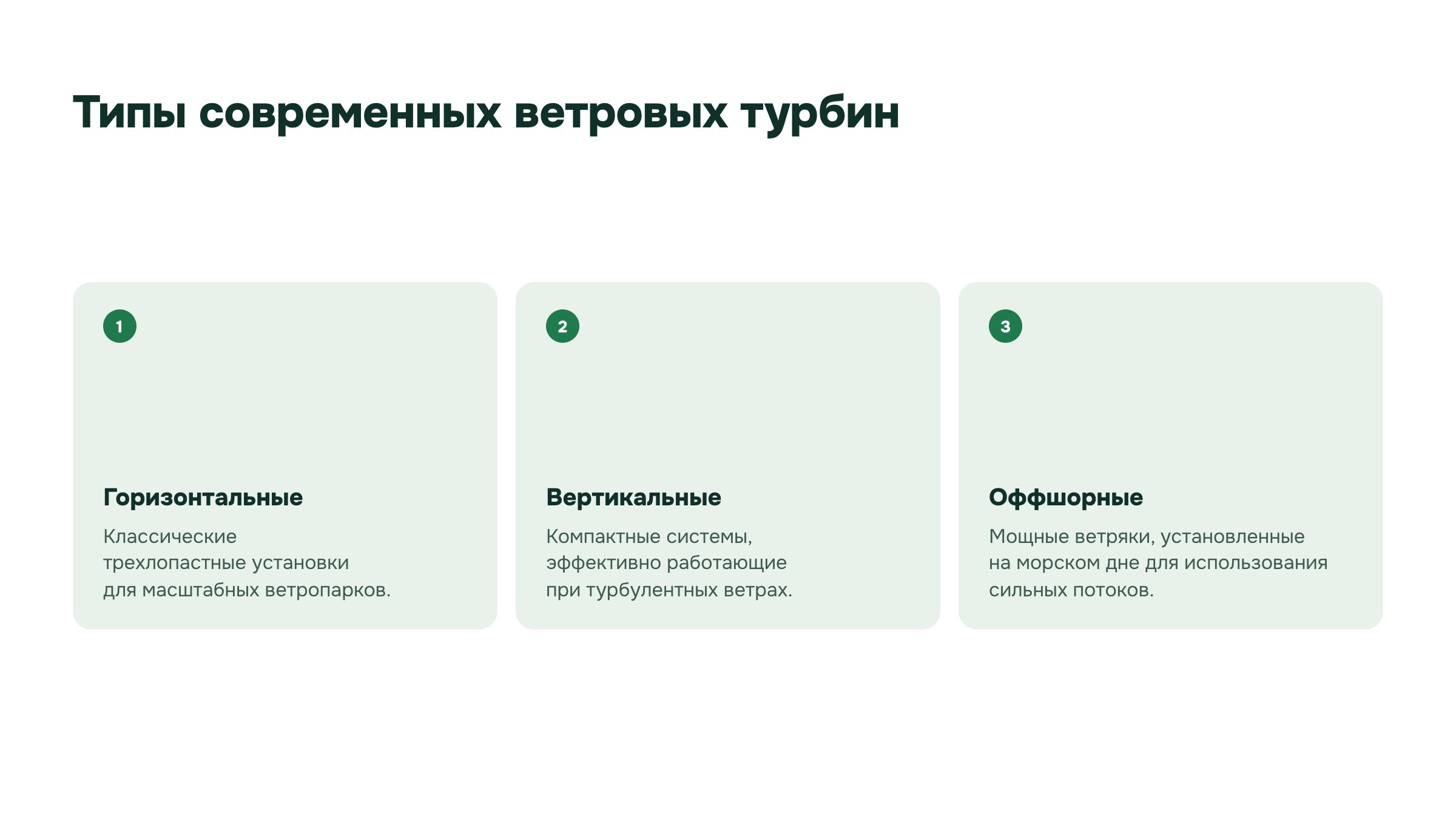 Слайд 11. Типы современных ветровых турбин. Примеры ветроустановок различаются направлением оси ротора и размещением на суше или в море.