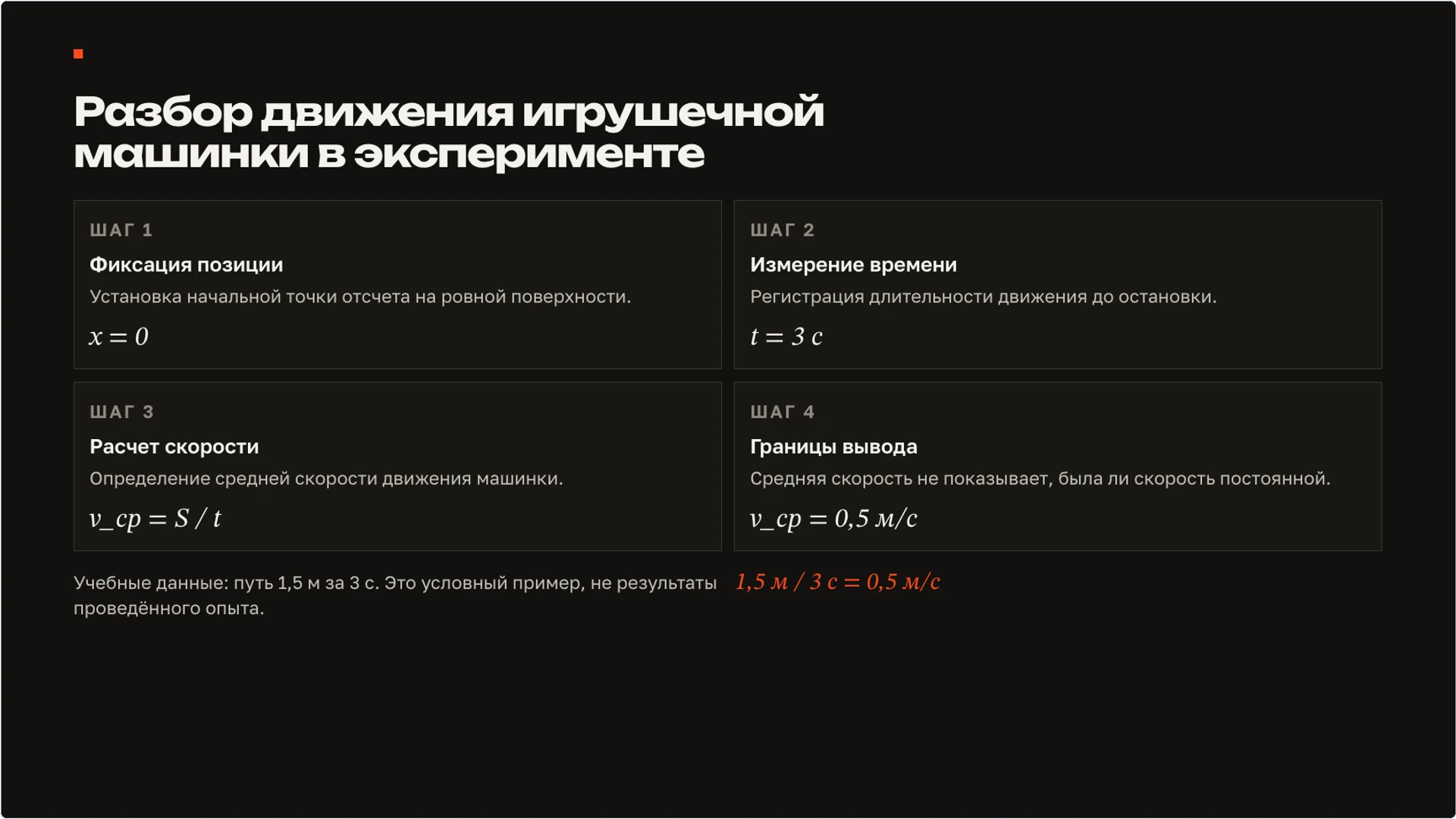Слайд 7 «Разбор движения игрушечной машинки в эксперименте» из презентации «Наблюдение и опыт: как исследовать явление».