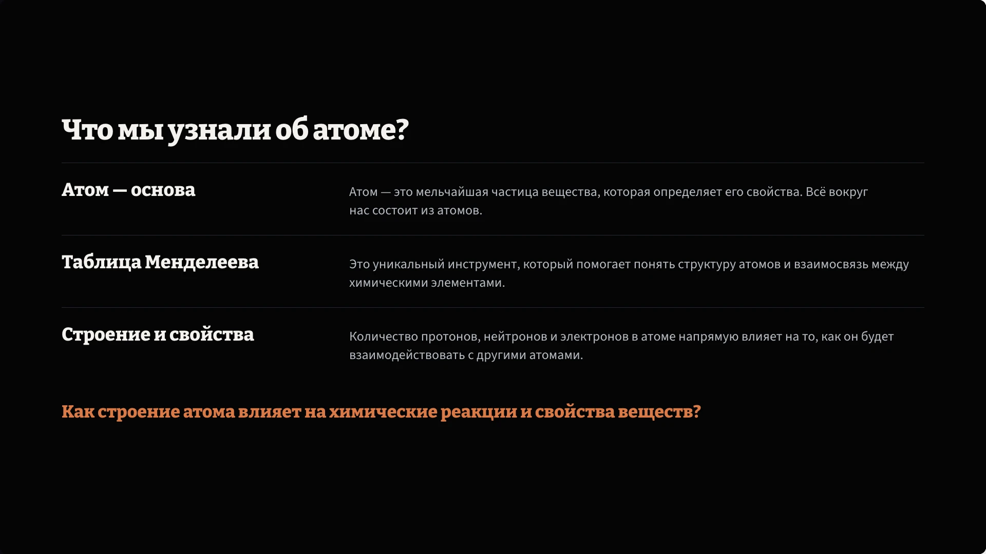 Слайд 10 «Что мы узнали об атоме?» из презентации «Атом: строение и модели».
