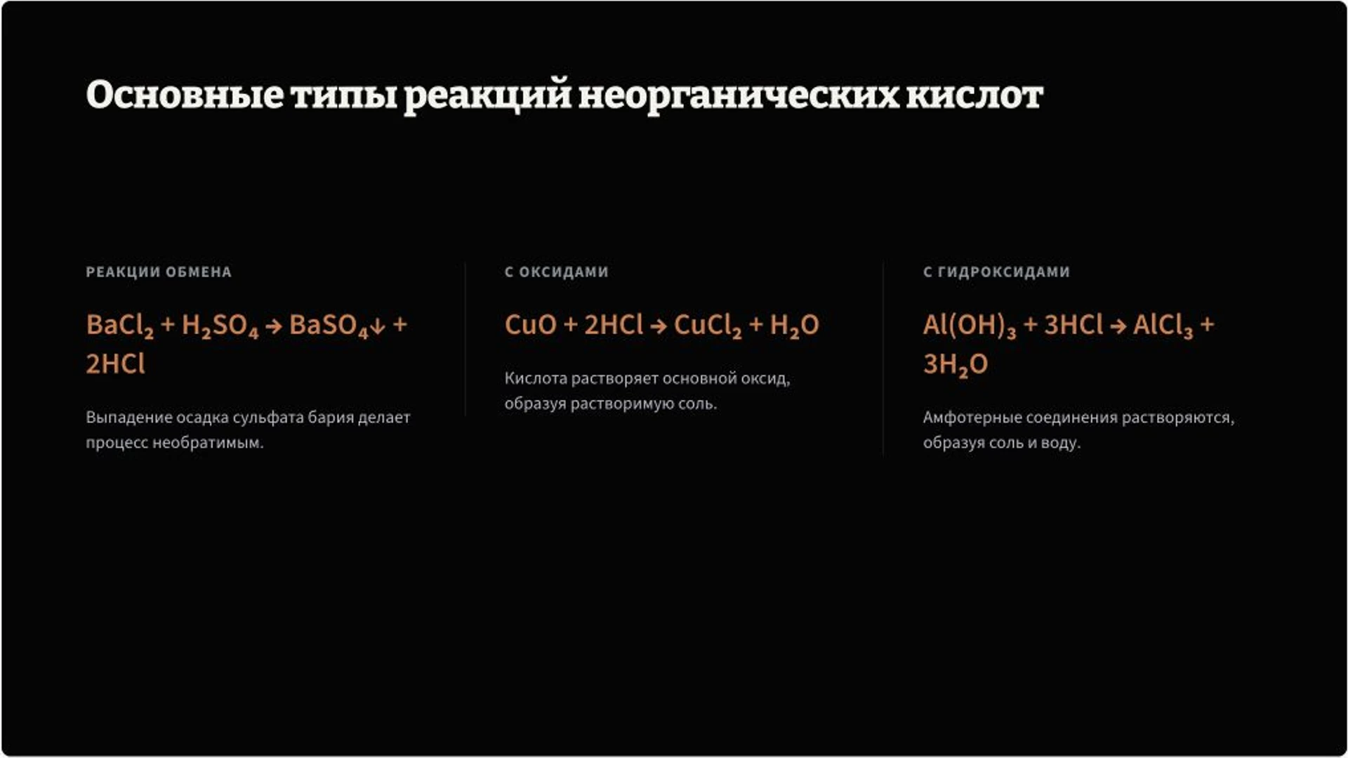Слайд 6 «Основные типы реакций неорганических кислот» из презентации «Неорганические кислоты: строение и свойства».