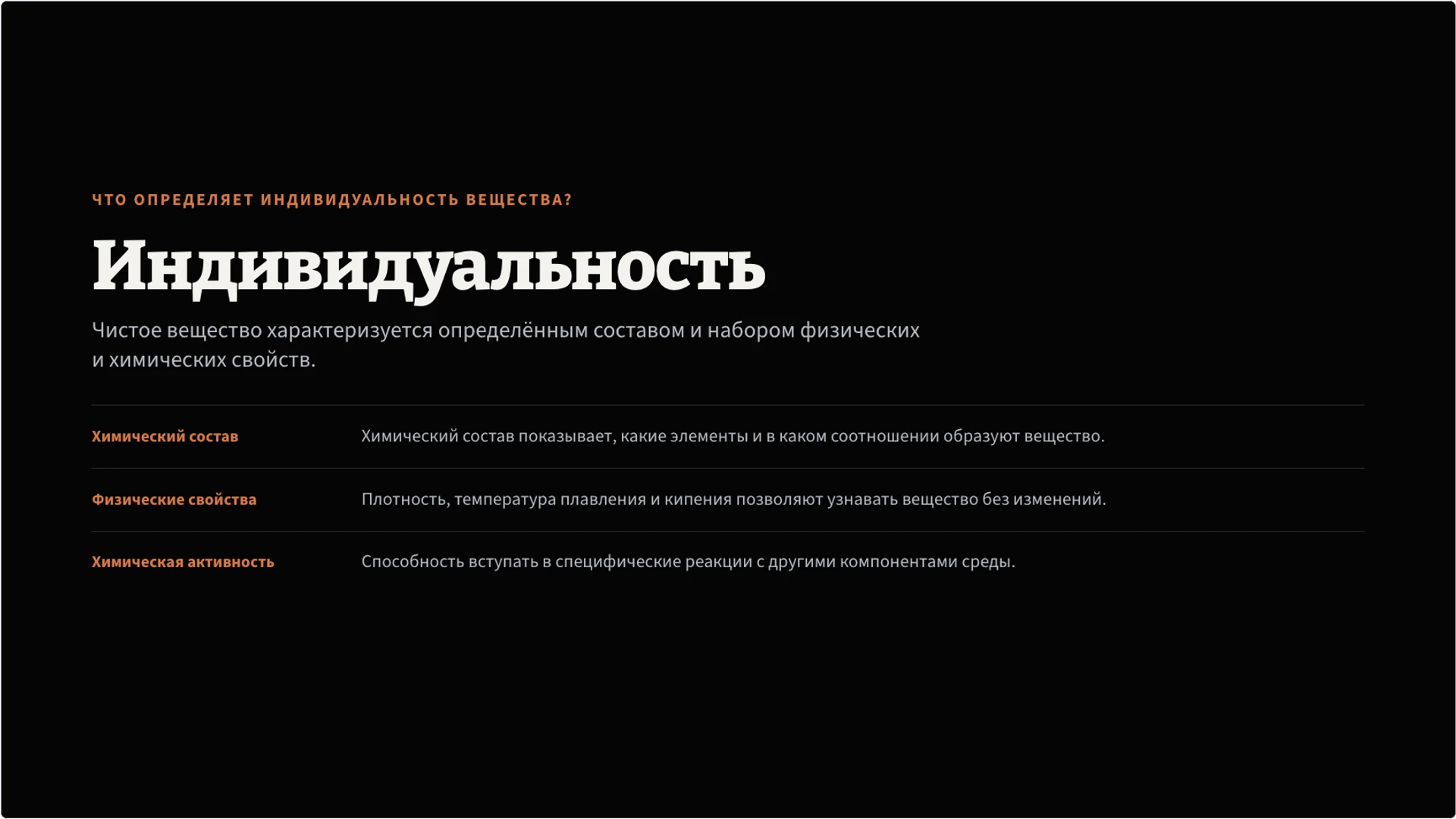 Слайд 2 «Что определяет индивидуальность вещества?» из презентации «Вещества: состав, свойства и превращения».