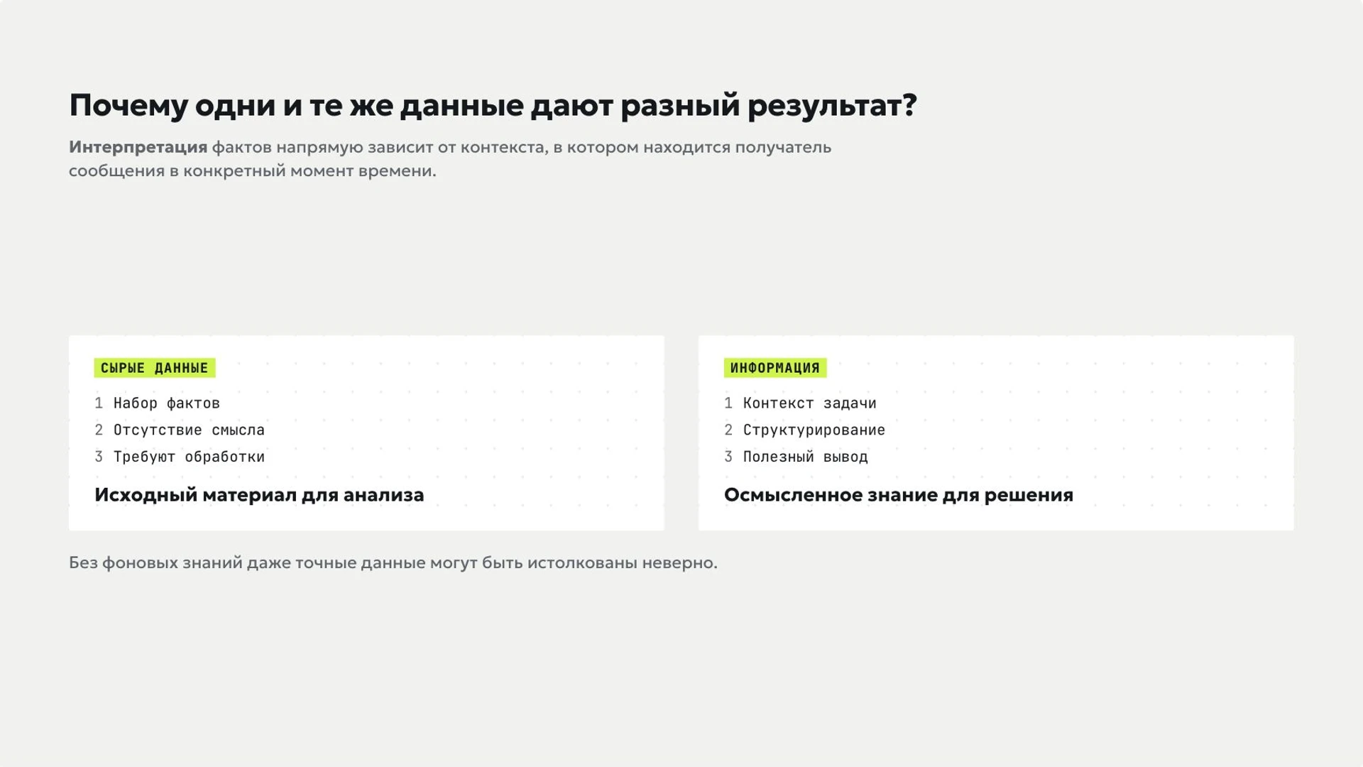 Слайд 2 «Почему одни и те же данные дают разный результат?» из презентации «Информация и информационные процессы».