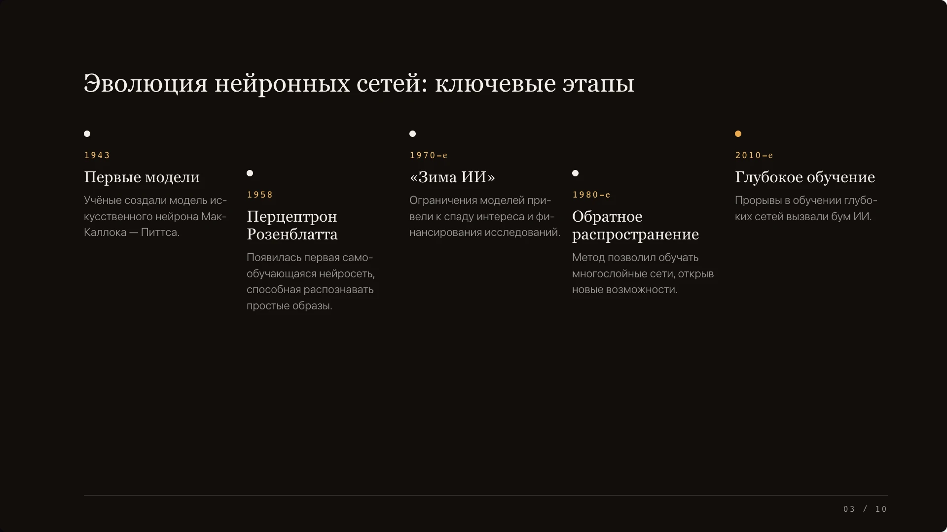 Слайд 3 «Эволюция нейронных сетей: ключевые этапы» из презентации «Нейронные сети — вводный обзор».