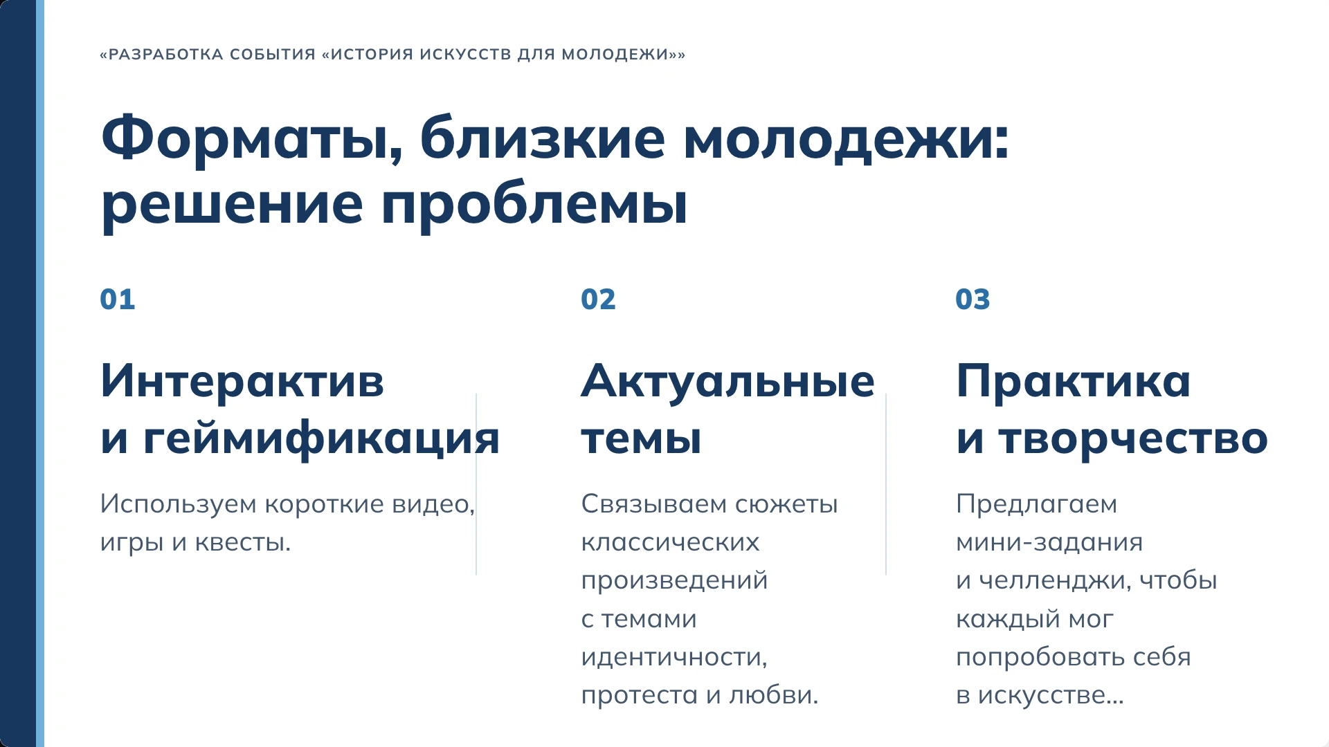 Слайд 4 «Форматы, близкие молодежи: решение проблемы» из презентации «Событие «История искусств для молодёжи»».