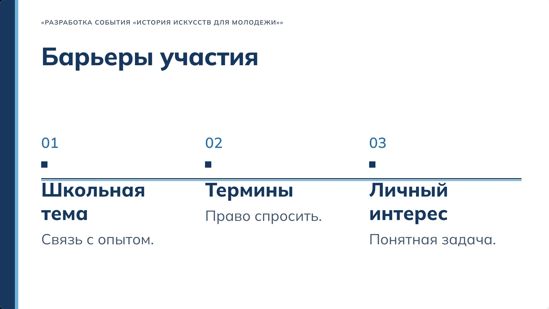 Слайд 5 «Барьеры участия» из презентации «Событие «История искусств для молодёжи»».