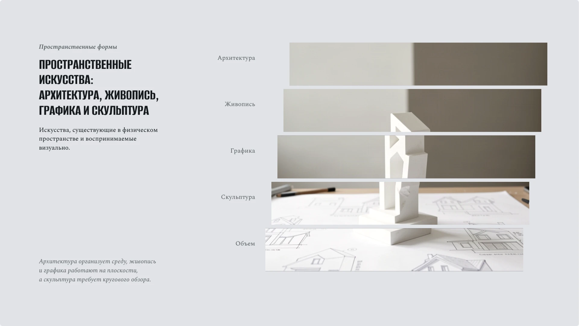 Слайд 3 «Пространственные искусства: архитектура, живопись, графика и скульптура» из презентации «Виды искусства: язык образов и способы восприятия».