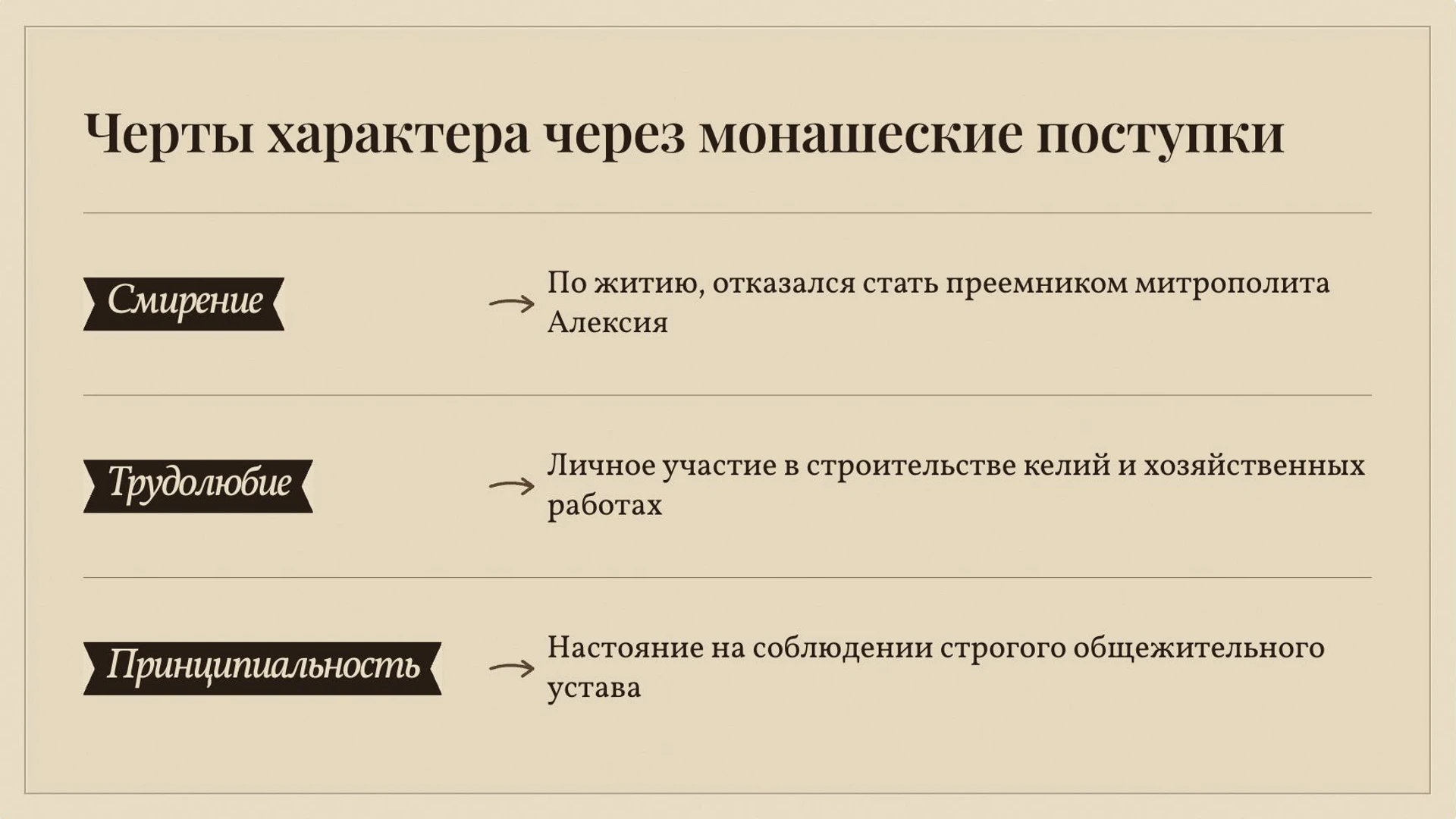 Слайд 5 «Черты характера через монашеские поступки» из презентации «Сергий Радонежский».