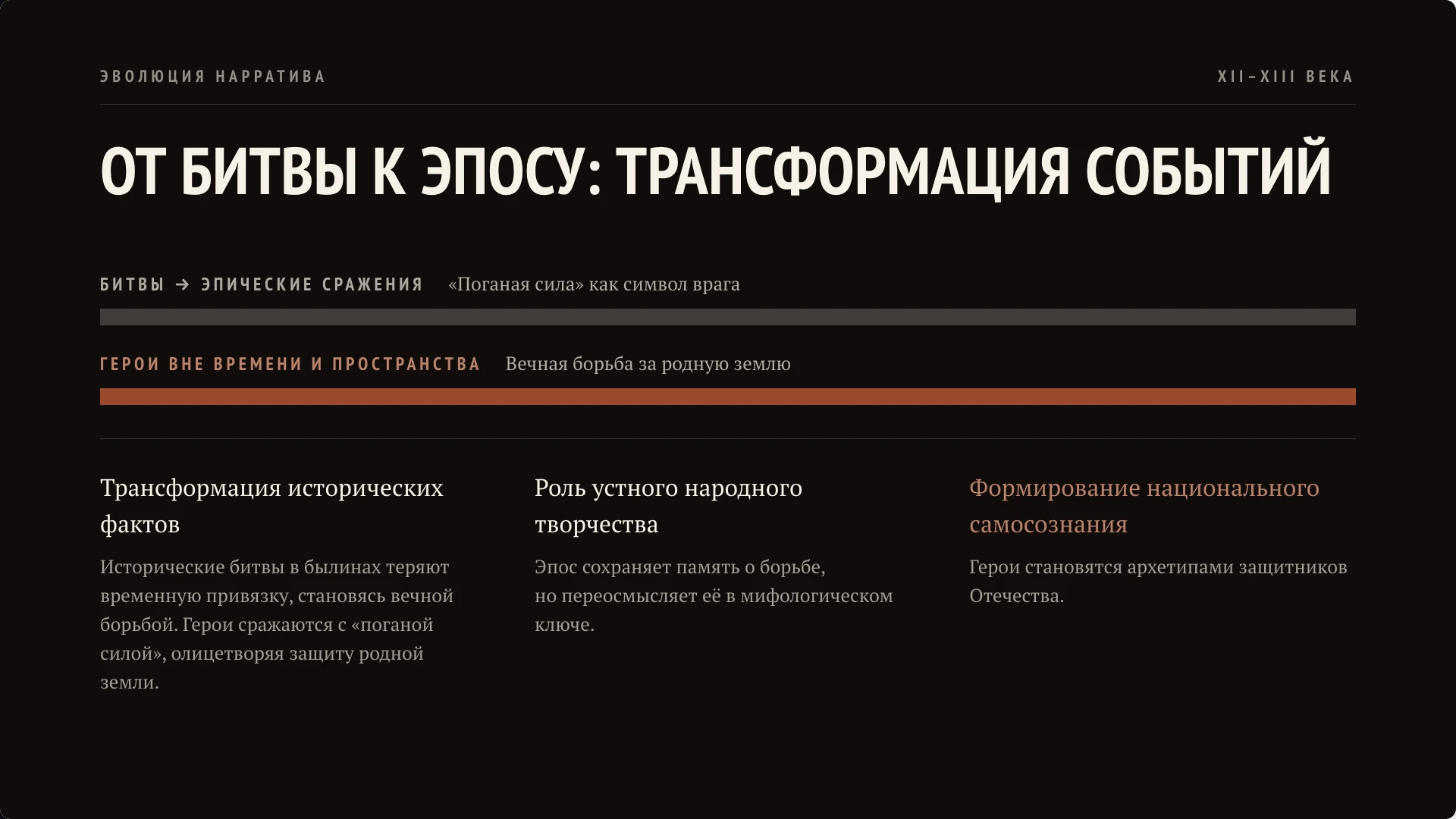 Слайд 4 «От битвы к эпосу: Трансформация событий» из презентации «Былины: история и образы богатырей».