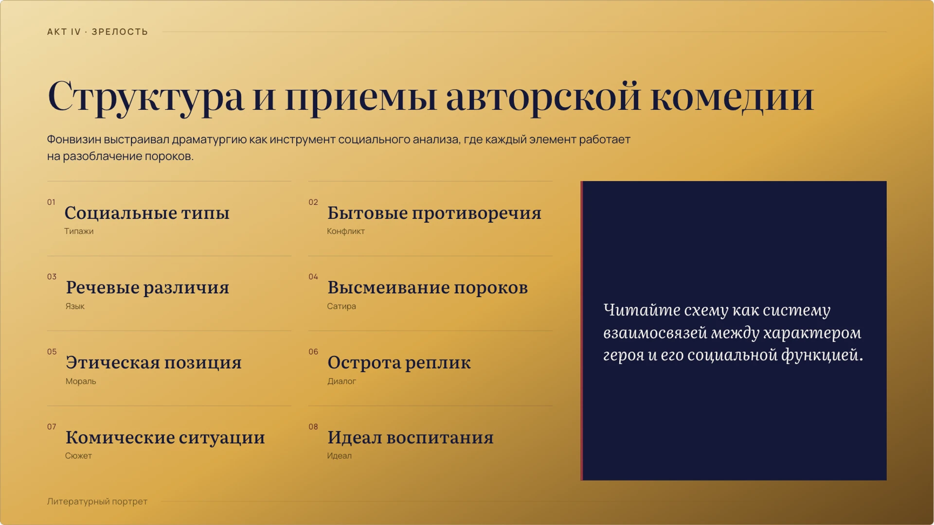 Слайд 8 «Структура и приемы авторской комедии» из презентации «Денис Фонвизин: жизнь, эпоха и творчество».