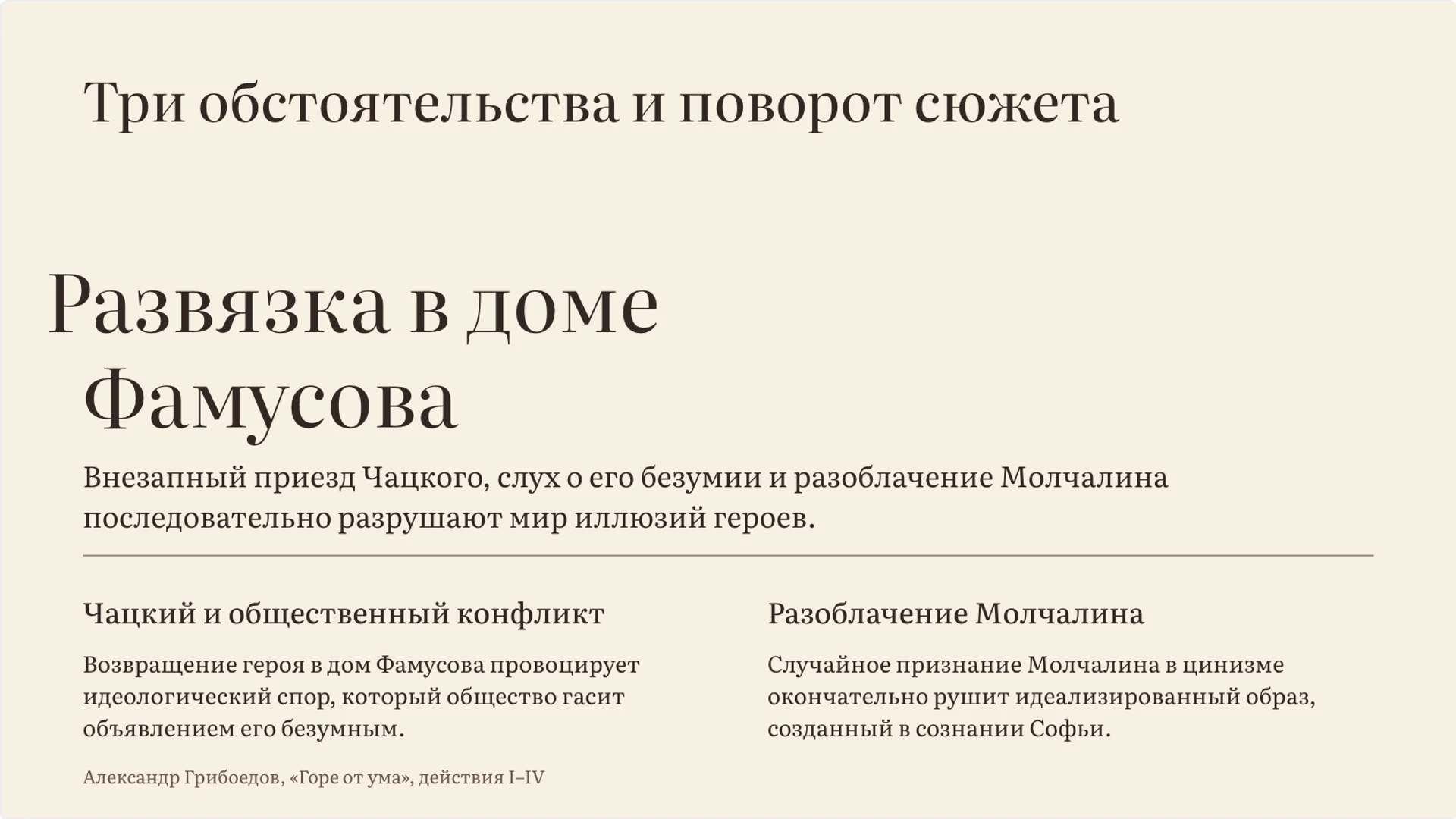 Слайд 7 «Три обстоятельства и поворот сюжета» из презентации ««Горе от ума»: конфликт, герои и язык комедии».