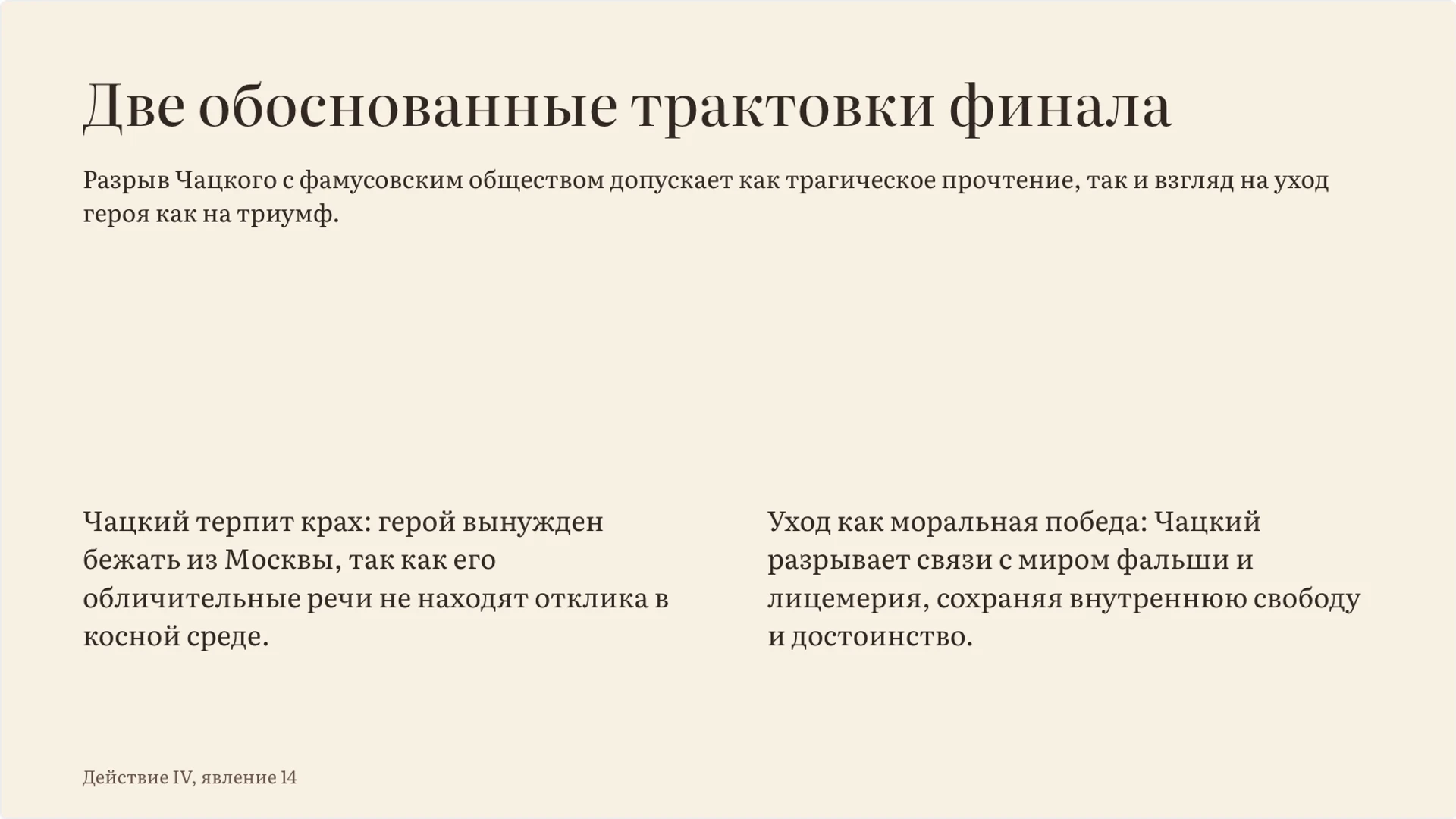 Слайд 9 «Две обоснованные трактовки финала» из презентации ««Горе от ума»: конфликт, герои и язык комедии».