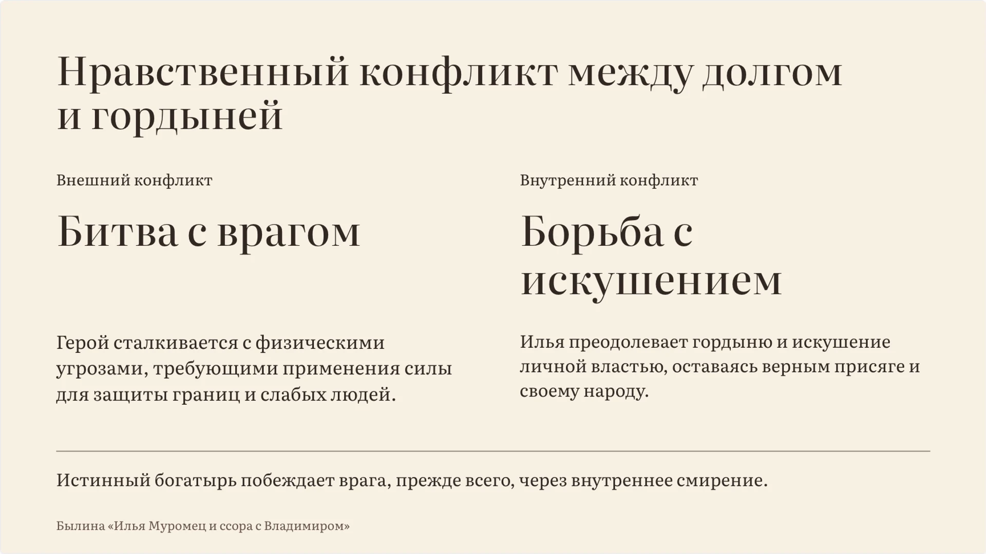 Слайд 5 «Нравственный конфликт между долгом и гордыней» из презентации «Илья Муромец: образ богатыря в былинах».