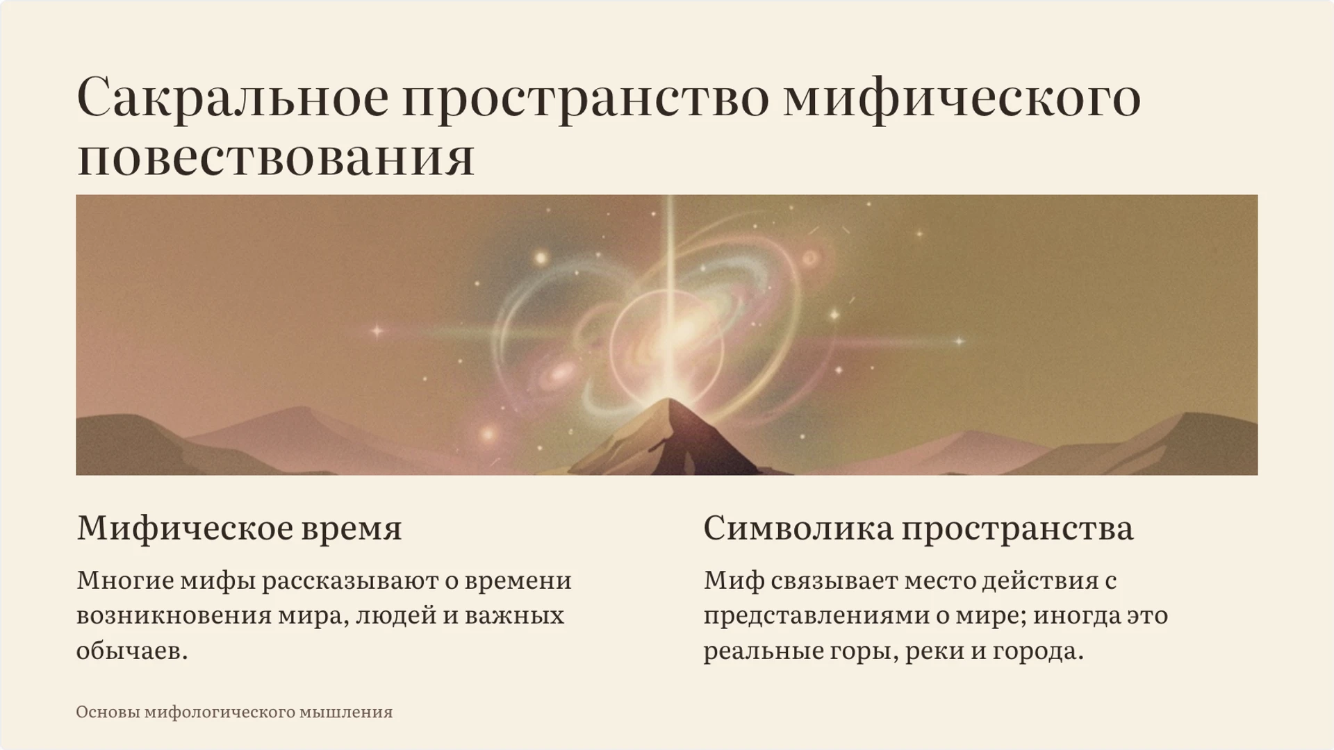 Слайд 2 «Сакральное пространство мифического повествования» из презентации «Миф и легенда: особенности и различия».