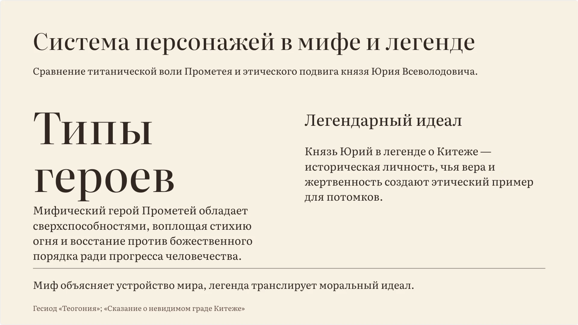 Слайд 3 «Система персонажей в мифе и легенде» из презентации «Миф и легенда: особенности и различия».
