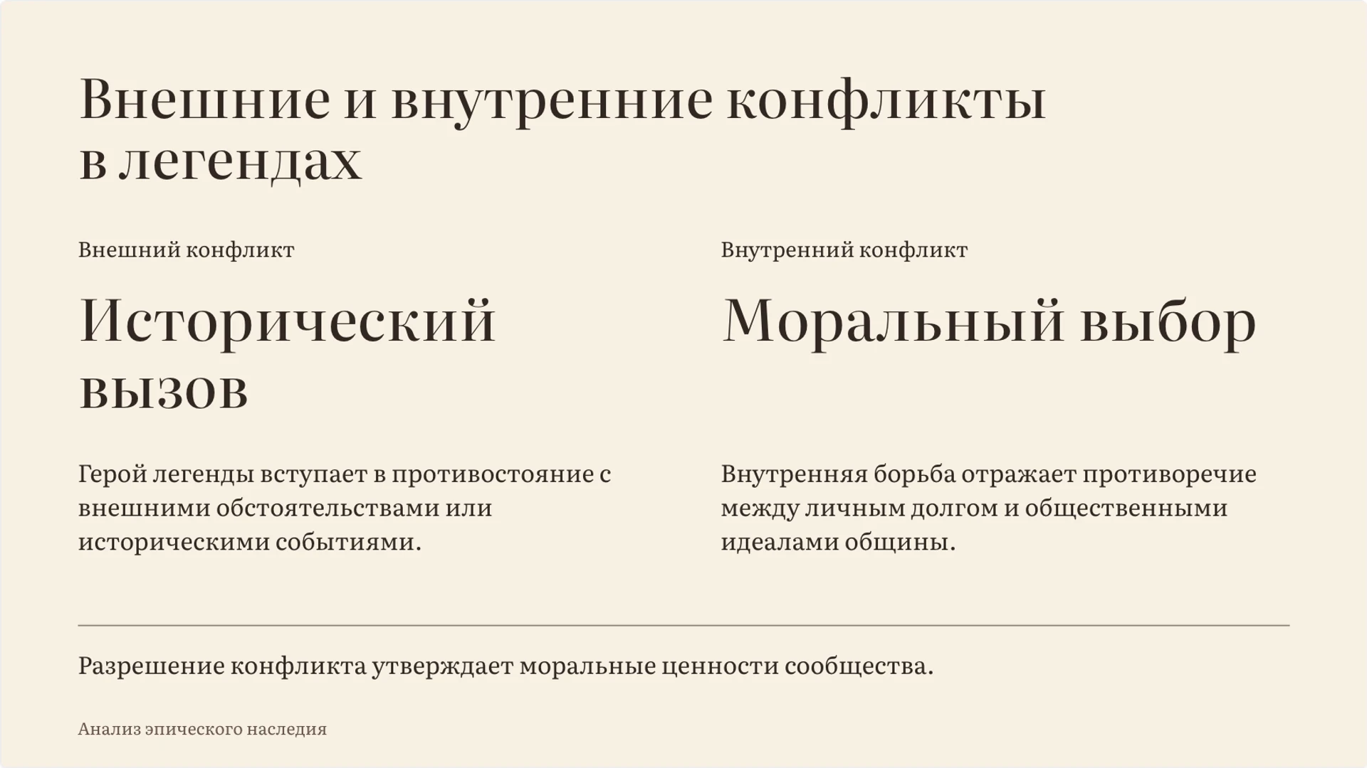 Слайд 5 «Внешние и внутренние конфликты в легендах» из презентации «Миф и легенда: особенности и различия».