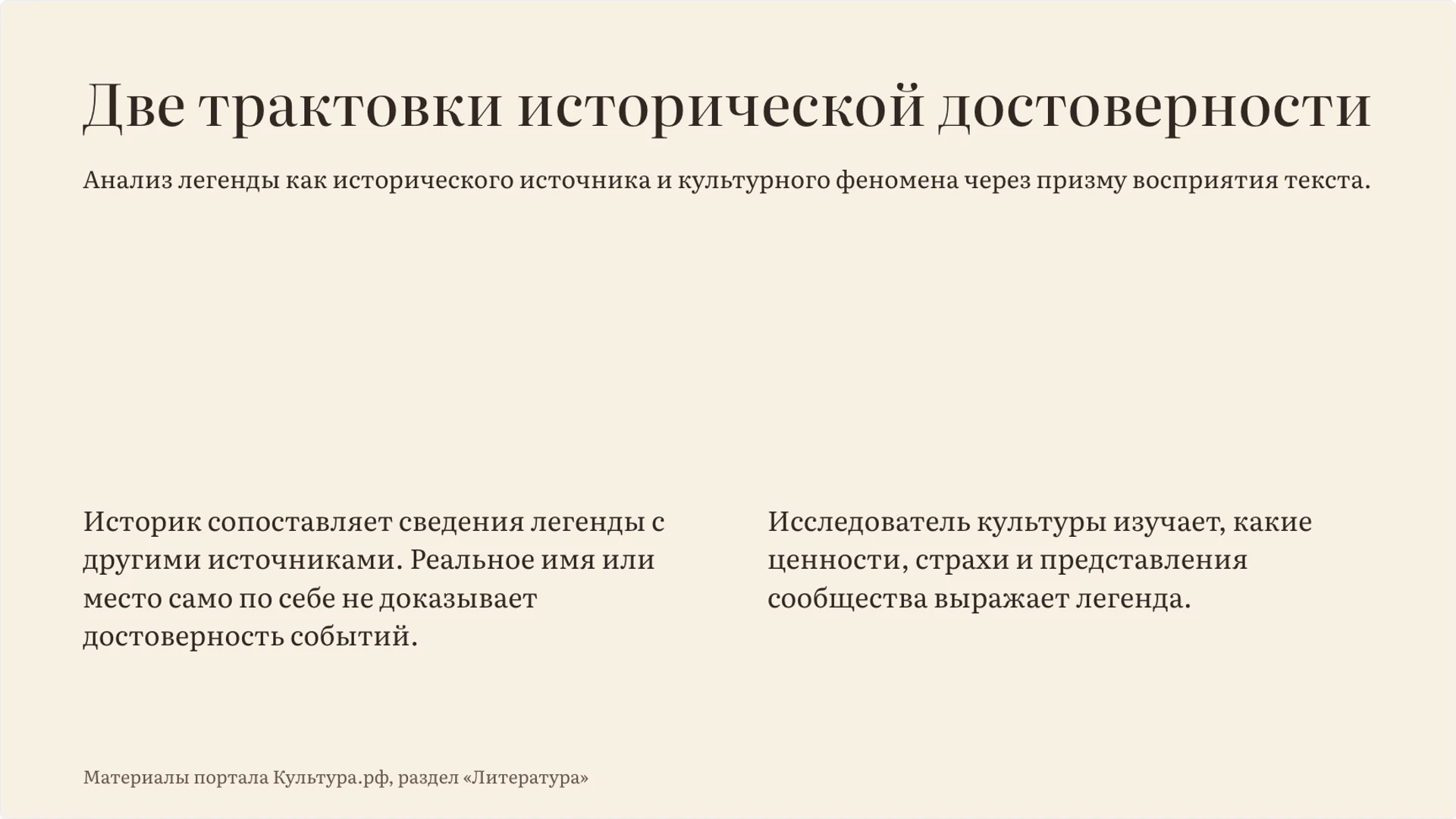Слайд 9 «Две трактовки исторической достоверности» из презентации «Миф и легенда: особенности и различия».