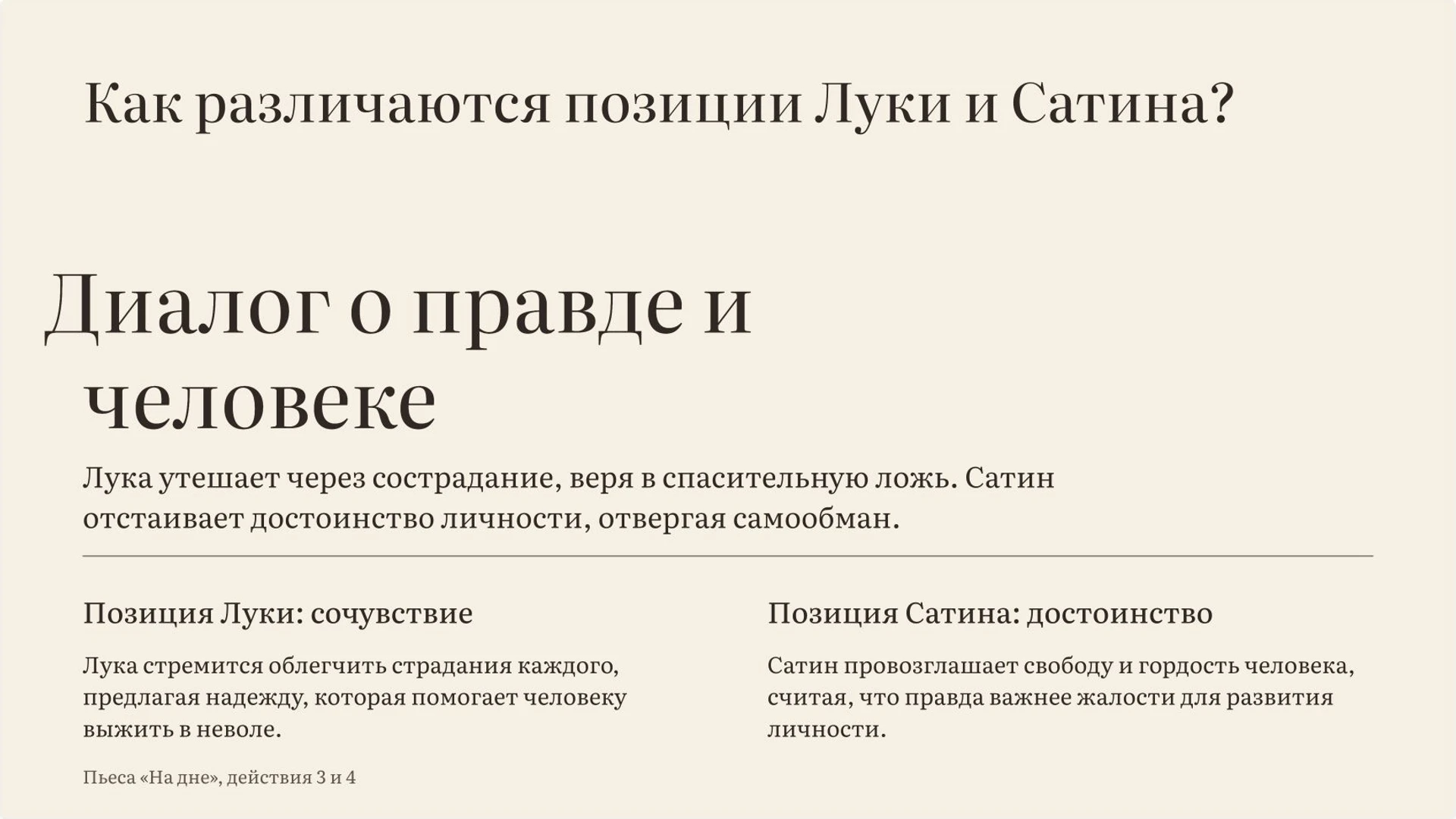 Слайд 10 «Как различаются позиции Луки и Сатина?» из презентации ««На дне» М. Горького».