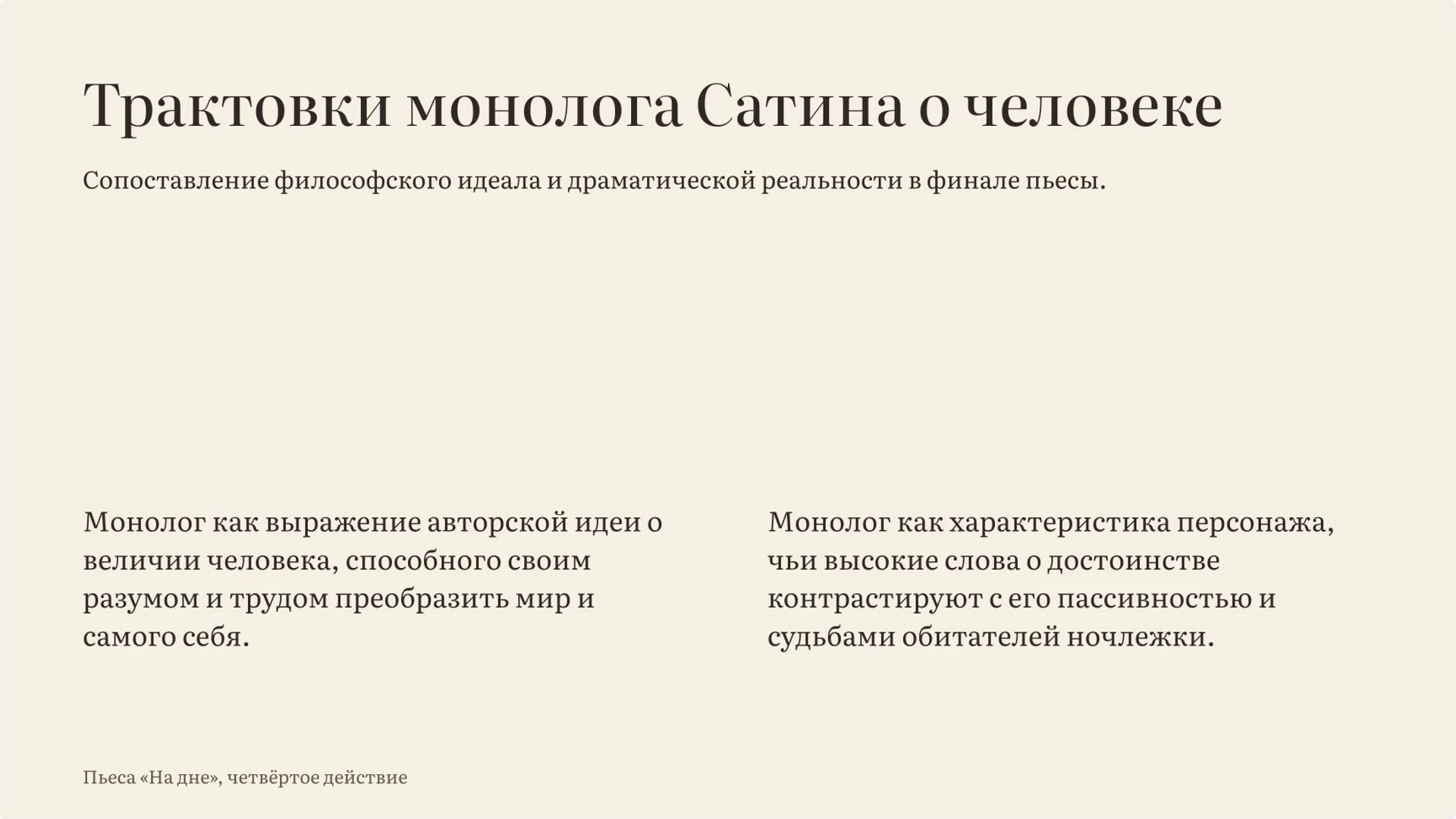 Слайд 14 «Трактовки монолога Сатина о человеке» из презентации ««На дне» М. Горького».
