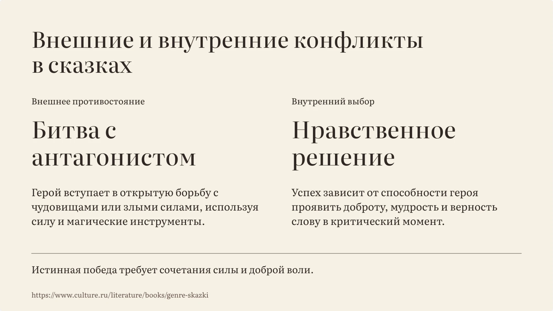 Слайд 5 «Внешние и внутренние конфликты в сказках» из презентации «Народные сказки: герои, сюжеты и смысл».