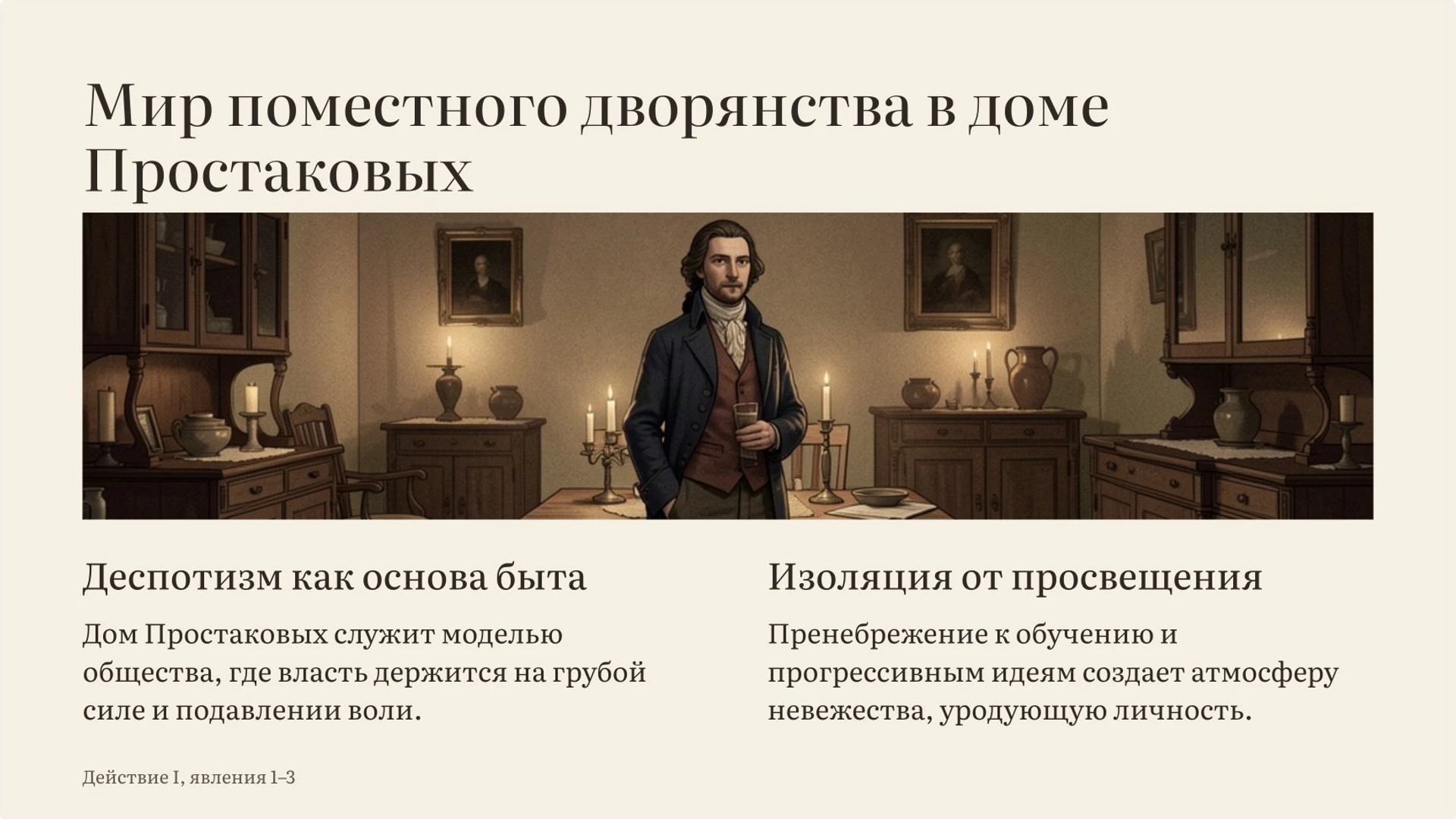 Слайд 2 «Мир поместного дворянства в доме Простаковых» из презентации ««Недоросль» Фонвизина: воспитание и нравственный выбор».