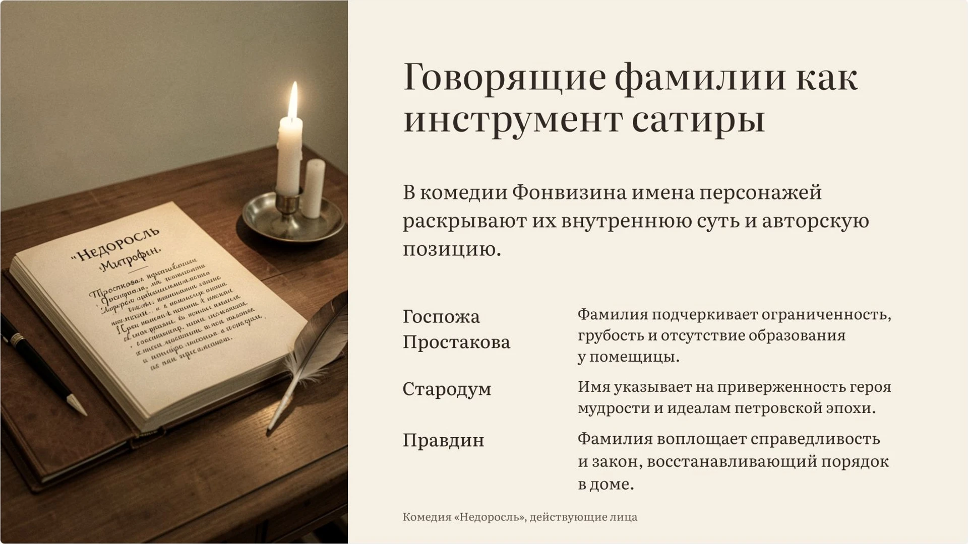 Слайд 6 «Говорящие фамилии как инструмент сатиры» из презентации ««Недоросль» Фонвизина: воспитание и нравственный выбор».
