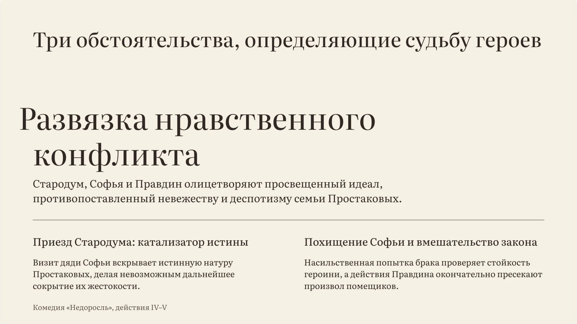 Слайд 7 «Три обстоятельства, определяющие судьбу героев» из презентации ««Недоросль» Фонвизина: воспитание и нравственный выбор».