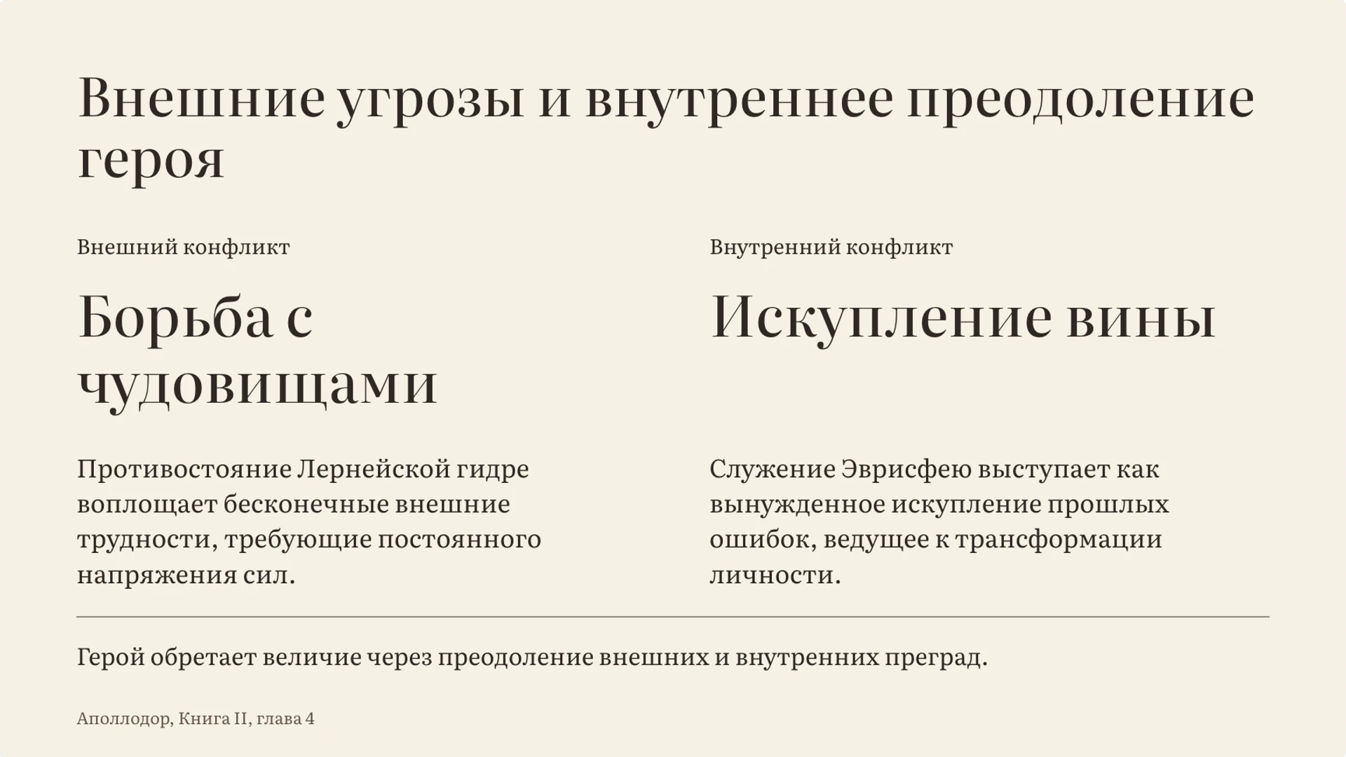 Слайд 5 «Внешние угрозы и внутреннее преодоление героя» из презентации «Подвиги Геракла: испытания и образ героя».
