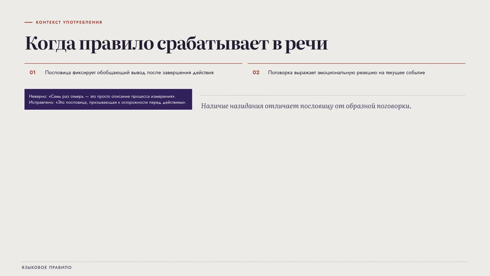 Слайд 6 «Когда правило срабатывает в речи» из презентации «Пословицы и поговорки: различия и переносный смысл».