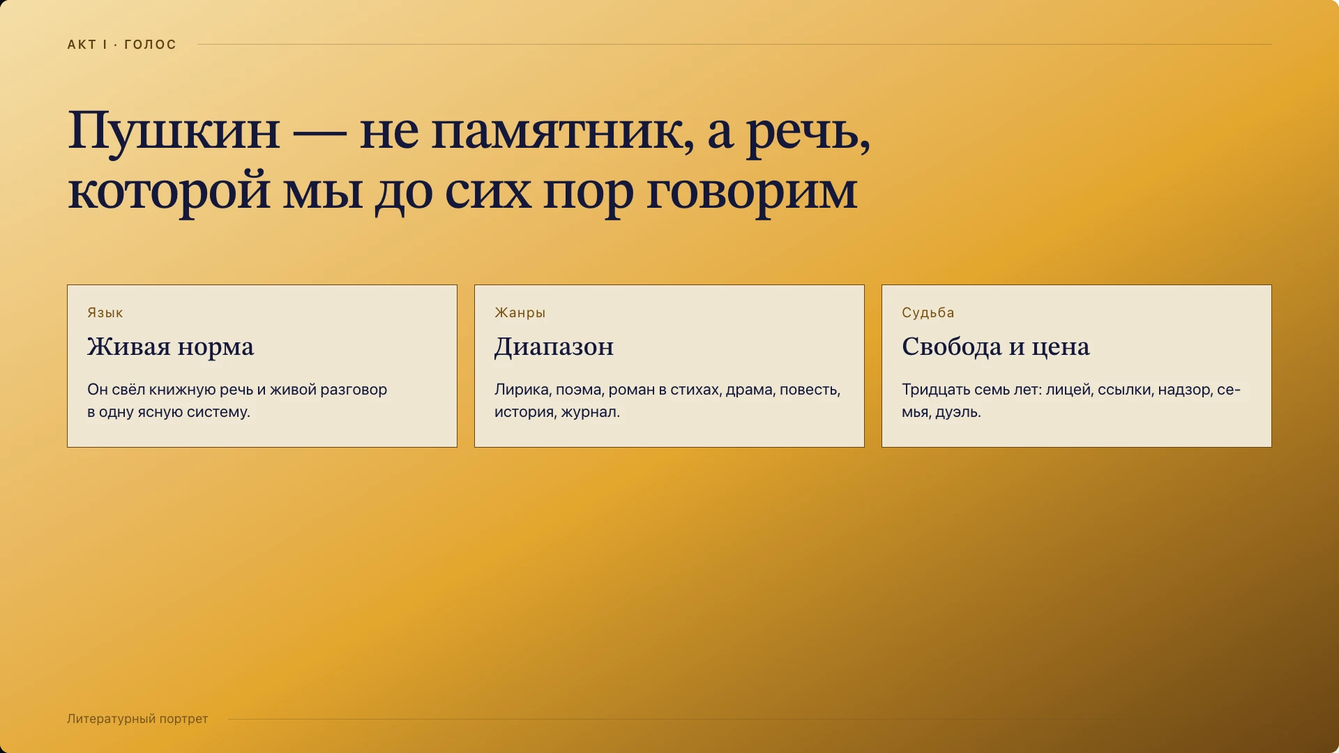 Слайд 2 «Пушкин — не памятник, а речь, которой мы до сих пор говорим» из презентации «Александр Пушкин: жизнь и творчество».