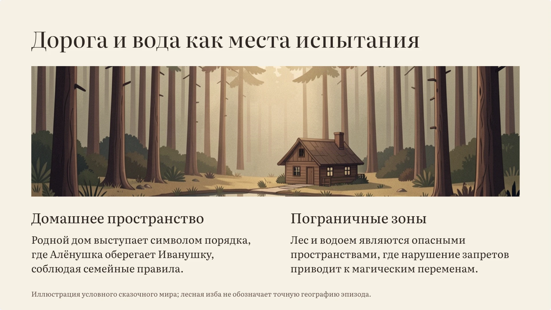 Слайд 2 «Дорога и вода как места испытания» из презентации «Сестрица Алёнушка и братец Иванушка: разбор сказки».