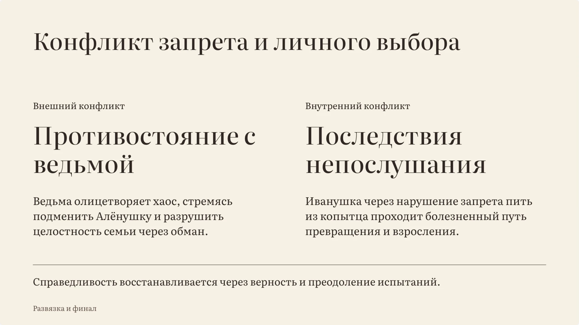 Слайд 5 «Конфликт запрета и личного выбора» из презентации «Сестрица Алёнушка и братец Иванушка: разбор сказки».