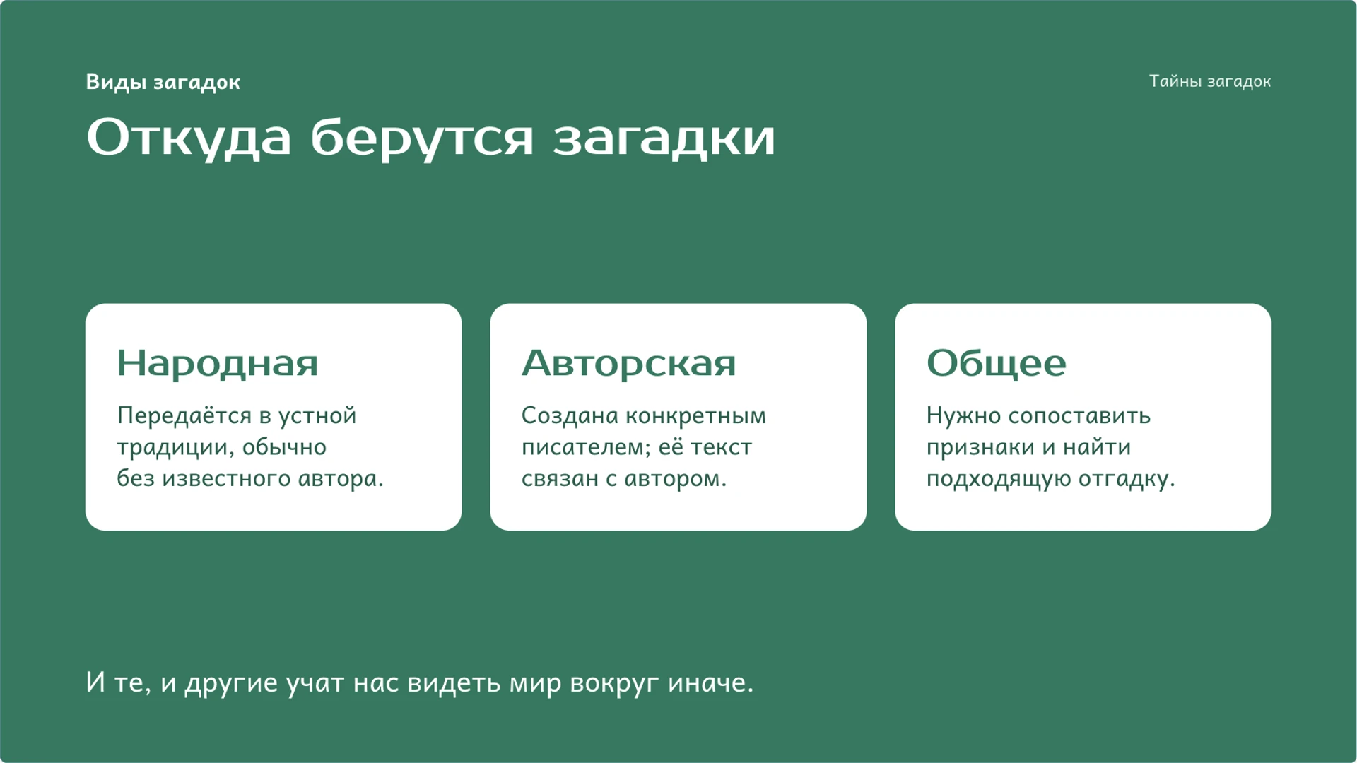 Слайд 3 «Откуда берутся загадки» из презентации «Загадки: образ, признаки и поиск ответа».