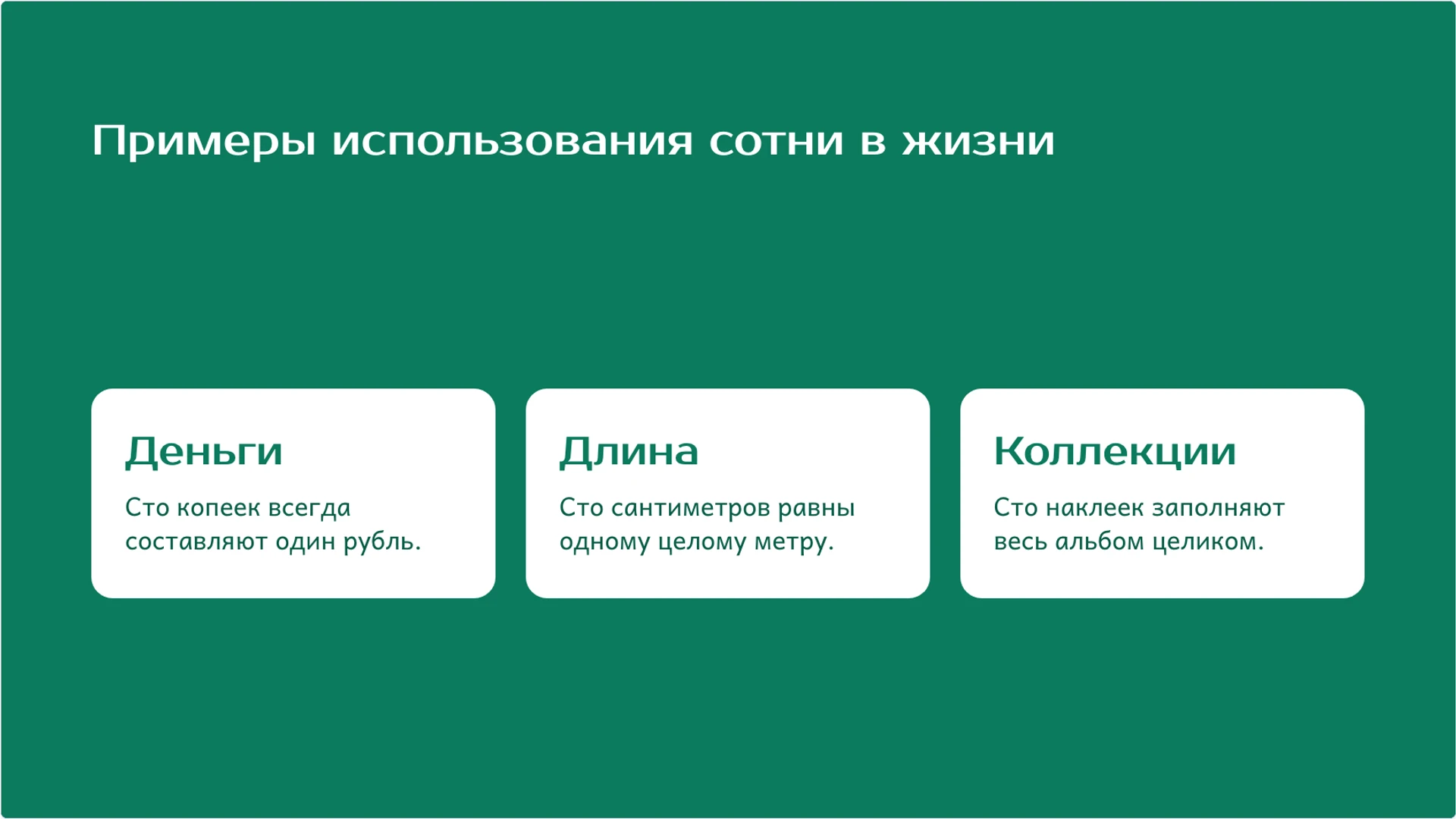 Слайд 5 «Примеры использования сотни в жизни» из презентации «Число 100: десятки, единицы и счёт сотнями».