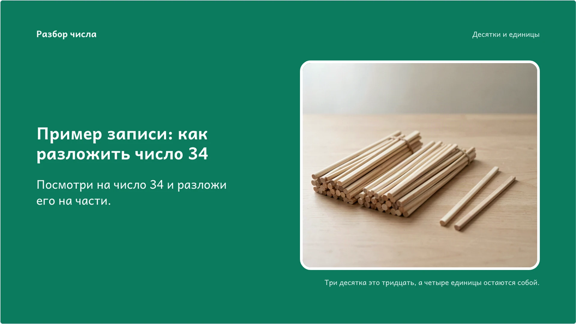 Слайд 6 «Пример записи: как разложить число 34» из презентации «Десятки и единицы: как устроена двузначная запись».