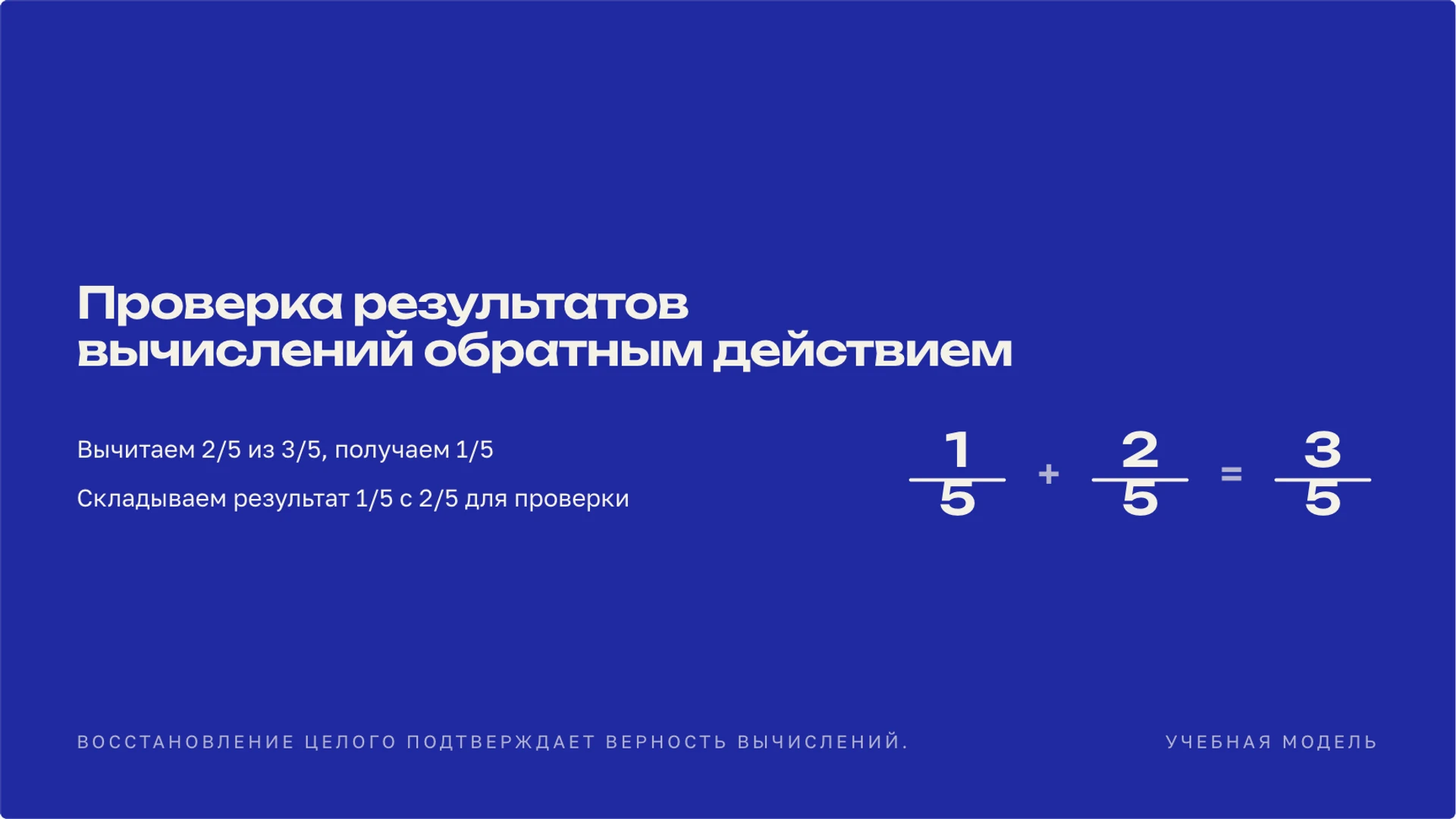 Слайд 9 «Проверка результатов вычислений обратным действием» из презентации «Дроби».