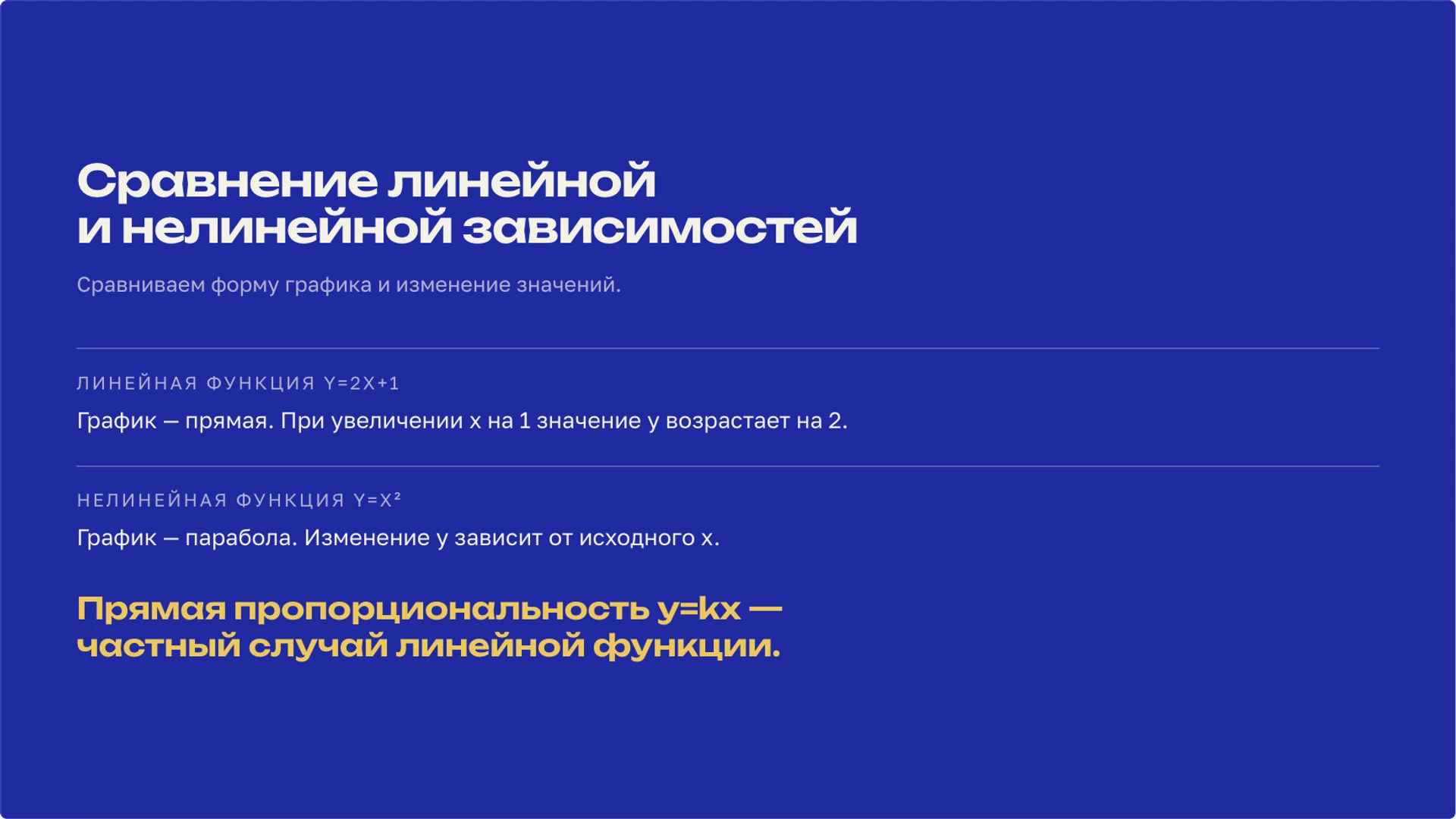 Слайд 6 «Сравнение линейной и нелинейной зависимостей» из презентации «Математическая функция: зависимость и график».