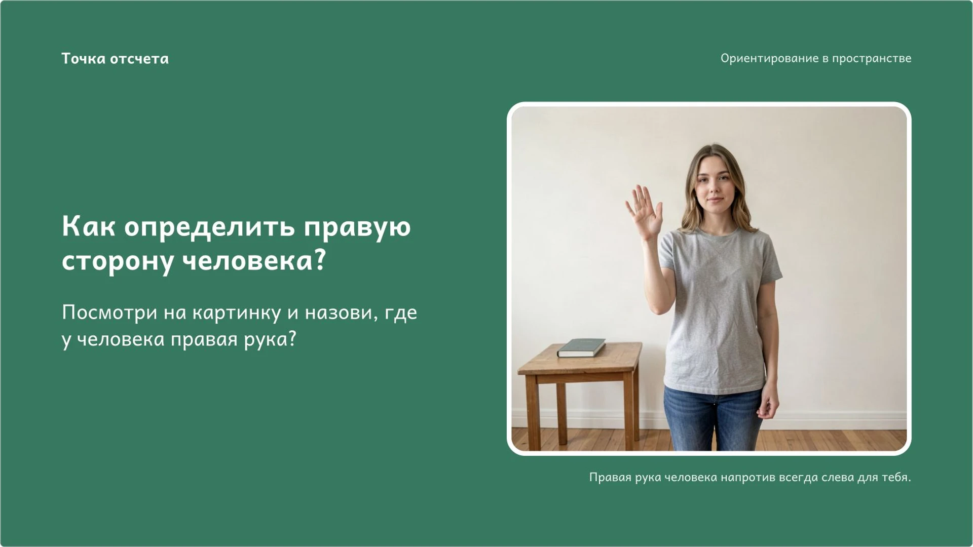 Слайд 6 «Как определить правую сторону человека?» из презентации «Слева, справа, вверху и внизу: ориентирование в пространстве».