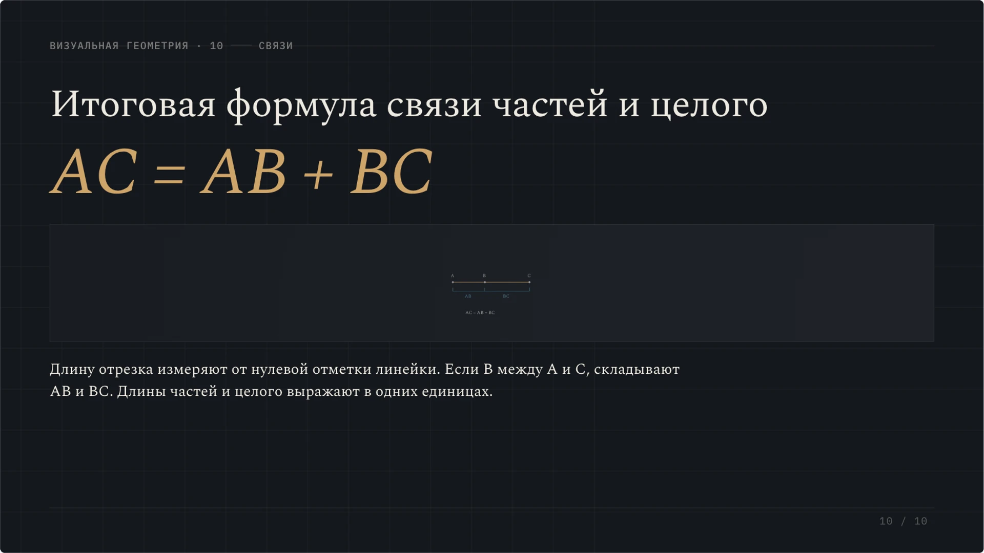 Слайд 10 «Итоговая формула связи частей и целого» из презентации «Отрезок: длина, измерение и сравнение».