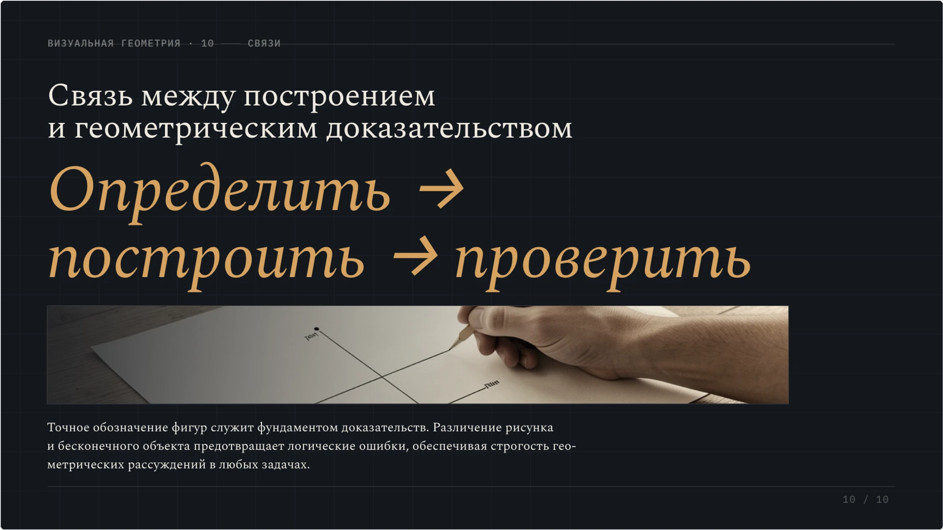 Слайд 10 «Связь между построением и геометрическим доказательством» из презентации «Точка, прямая и луч: первые геометрические понятия».