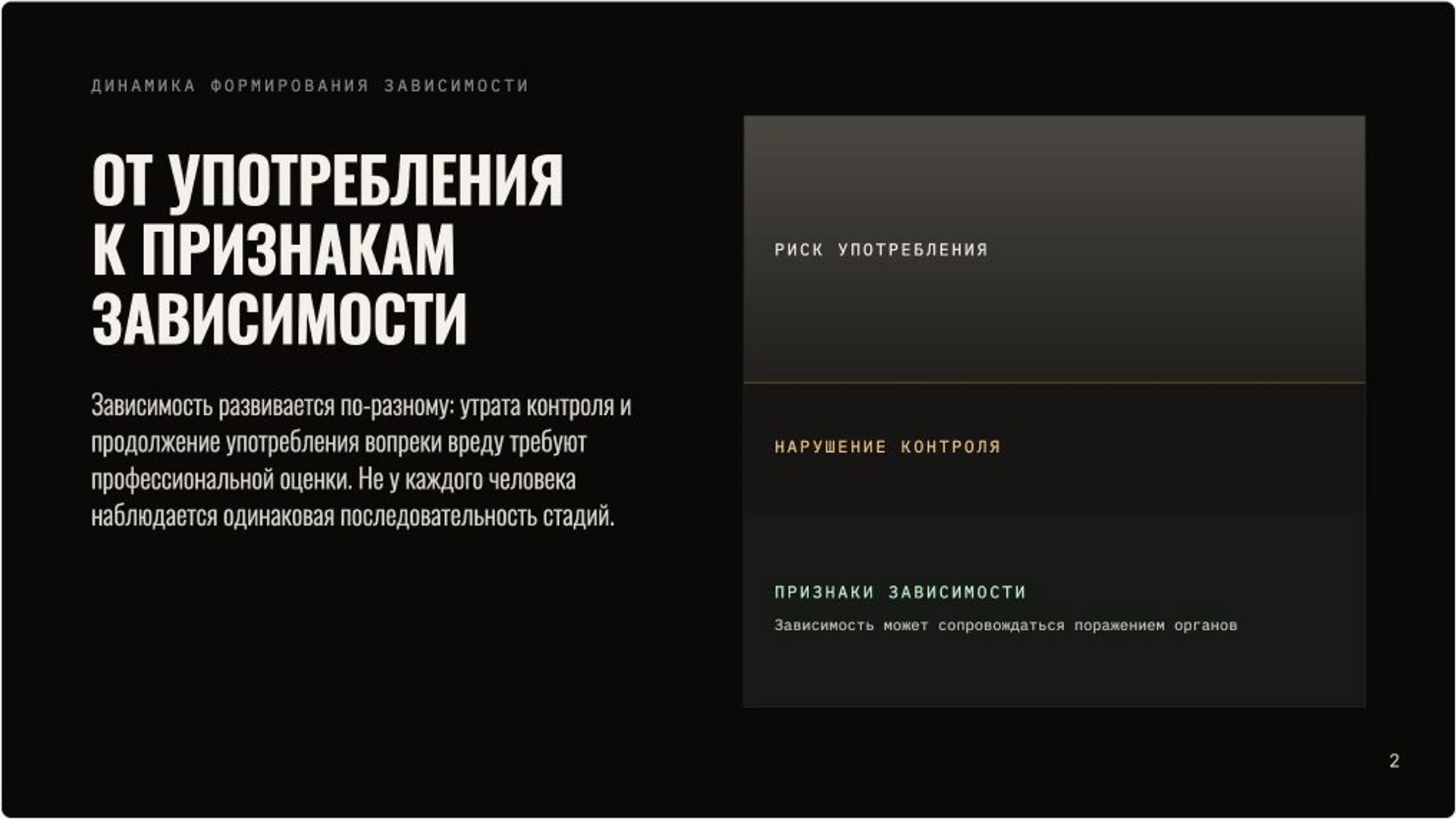 Слайд 2 «От употребления к признакам зависимости» из презентации «Алкогольная зависимость: признаки, риски и помощь».