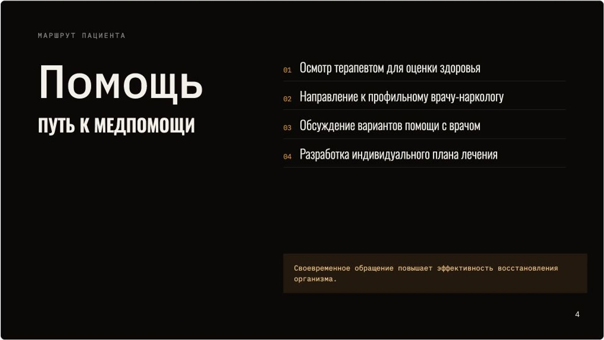 Слайд 4 «Путь к медпомощи» из презентации «Алкогольная зависимость: признаки, риски и помощь».